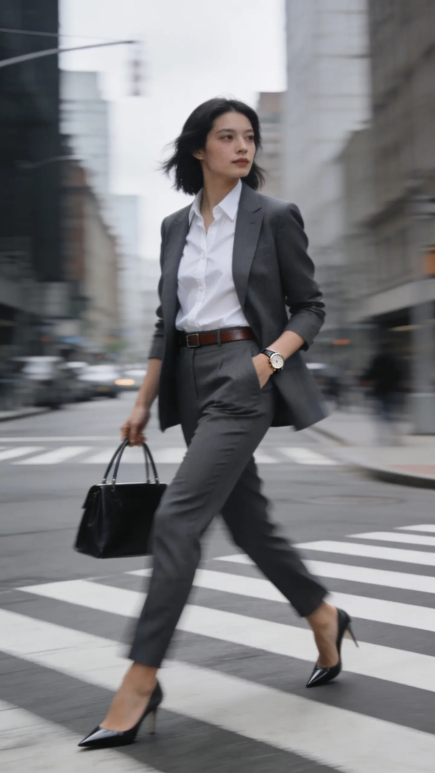 Workwear upgrade: woman walking across a city crosswalk in a charcoal grey twill trouser suit with a perfect fit, white cotton poplin shirt, thin leather belt, pointed-toe pumps, sleek top-handle bag, understated watch; overcast daylight, motion blur.