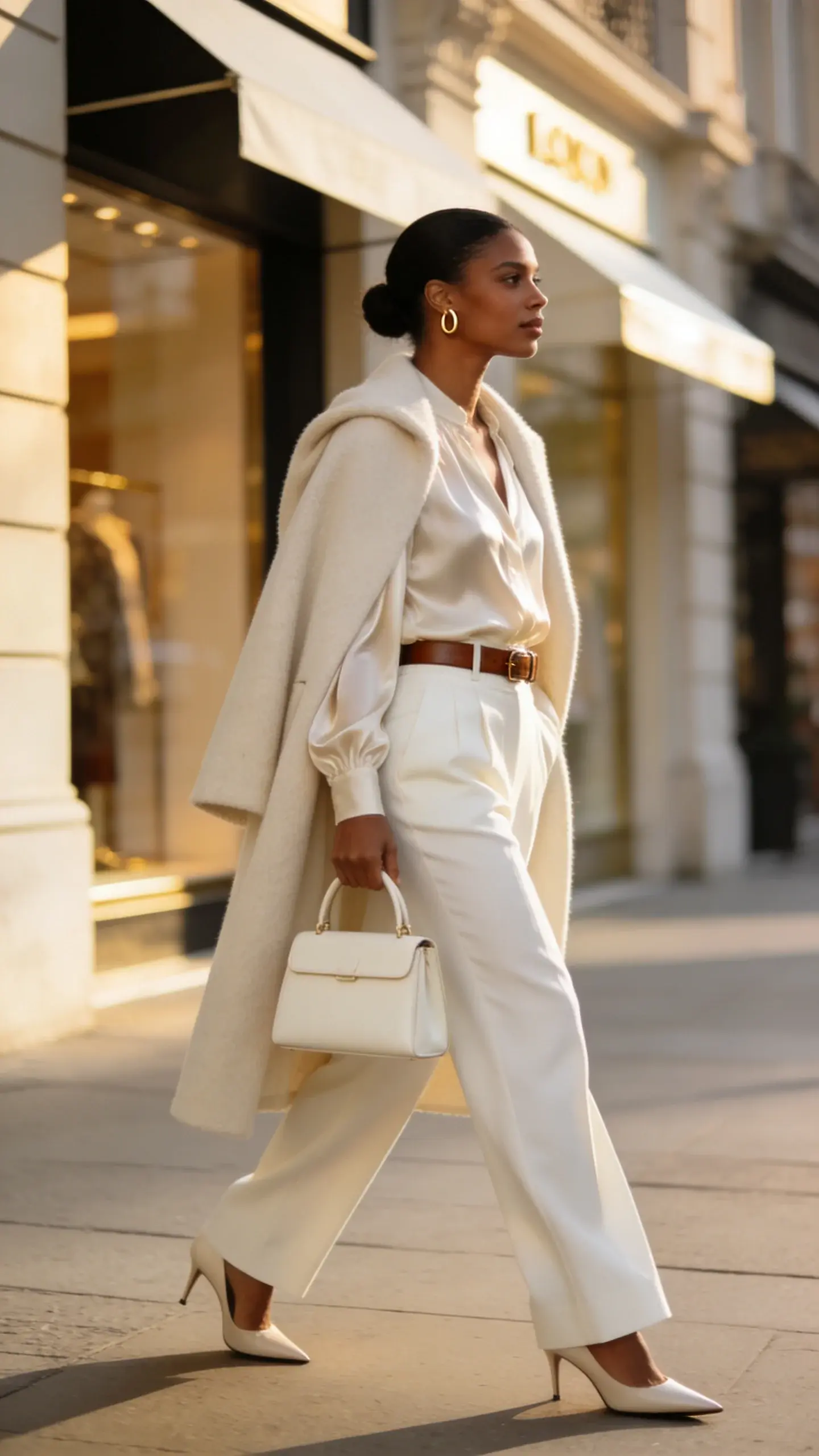 A chic urban street scene at golden hour: a woman with medium-brown skin tone and sleek low bun walks confidently in a monochrome ivory outfit—tailored wide-leg trousers, softly draped silk-like blouse, long wool coat over her shoulders, minimal gold huggie earrings, slim leather belt, structured ivory top-handle bag, pointed leather pumps. Background softly blurred luxury storefronts; neutral palette dominates; no logos; soft natural lighting.
