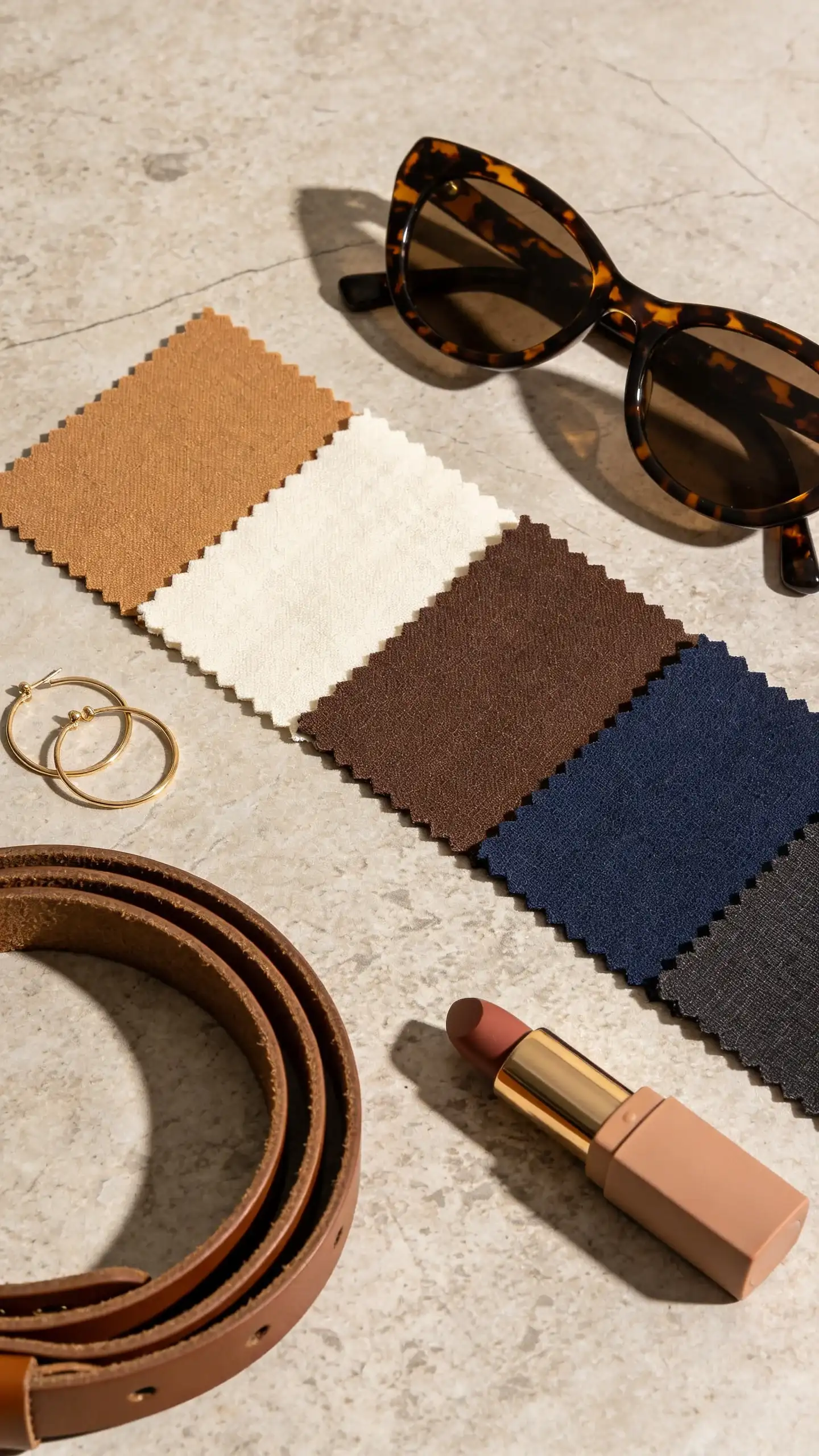 Flat lay on a stone-textured surface showcasing a luxe neutral color palette: fabric swatches in camel, cream, chocolate, navy, and charcoal arranged neatly; beside them a pair of tortoiseshell sunglasses, delicate gold hoop earrings, a slim brown leather belt, and a minimalist nude lipstick. Soft shadows, top-down composition, muted tones.