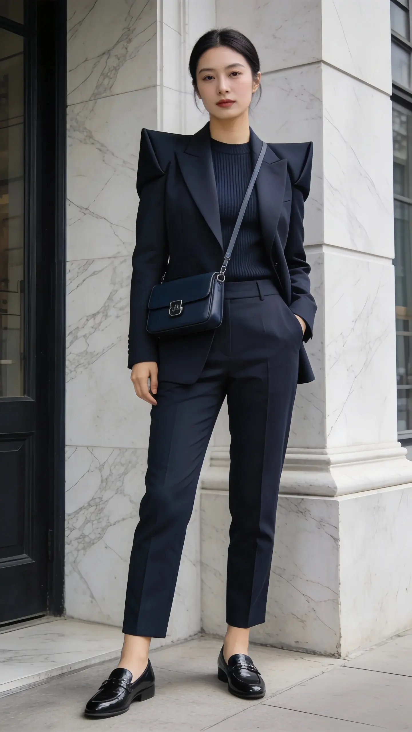 A woman with East Asian features in a monochrome navy look: tailored navy blazer with sharp shoulders, matching high-waisted trousers, fine-gauge knit underlayer, polished loafers, and a structured navy crossbody with subtle hardware. She stands near a marble building facade; crisp lighting, clean lines, understated elegance.