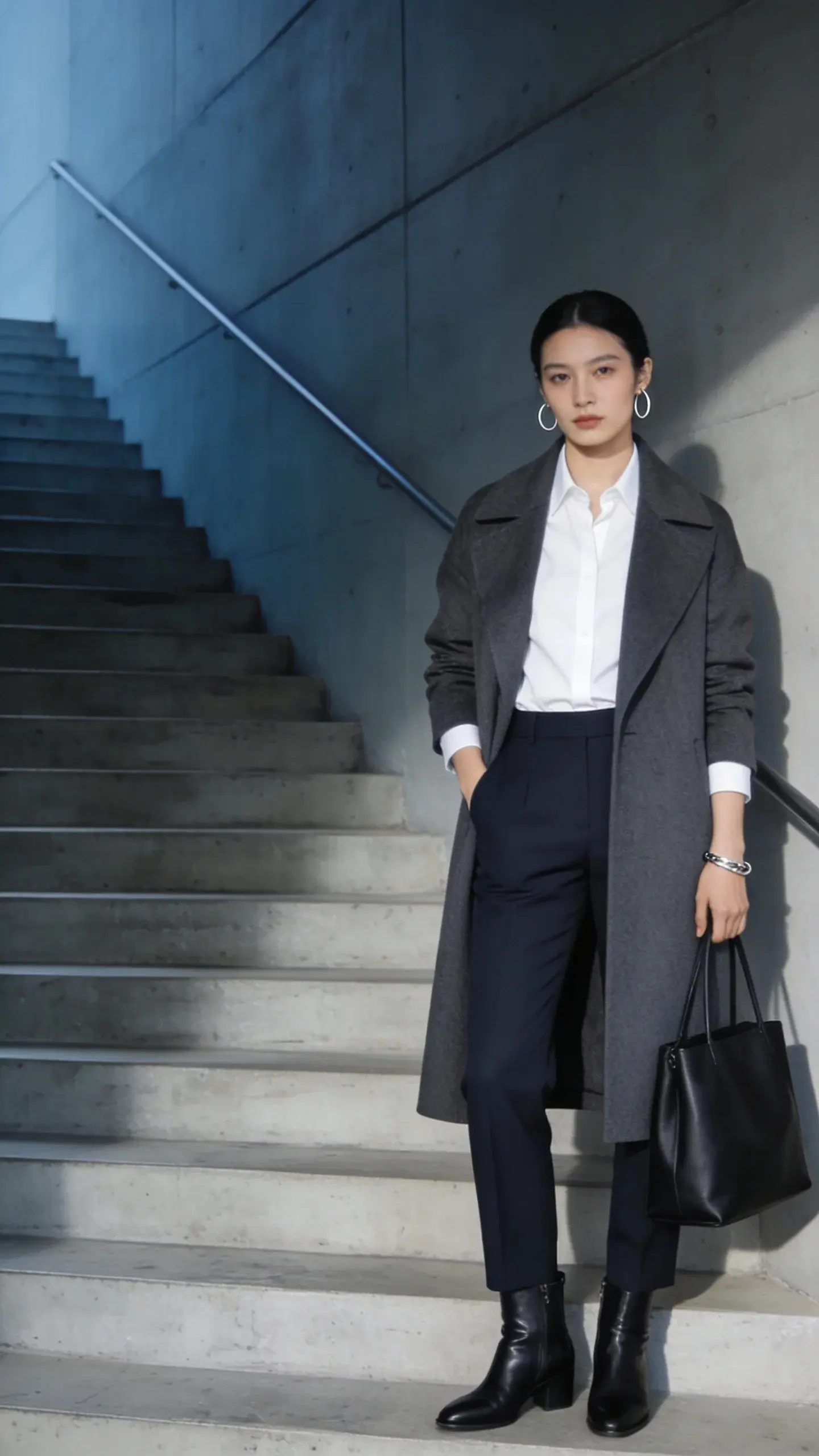 Editorial shot of tone-matching: cool charcoal longline coat layered over crisp white shirt and navy tailored trousers; silver jewelry (thin hoop earrings, sleek bracelet), black leather ankle boots, and a clean black tote. The setting is a modern concrete staircase; cool-toned color grading.