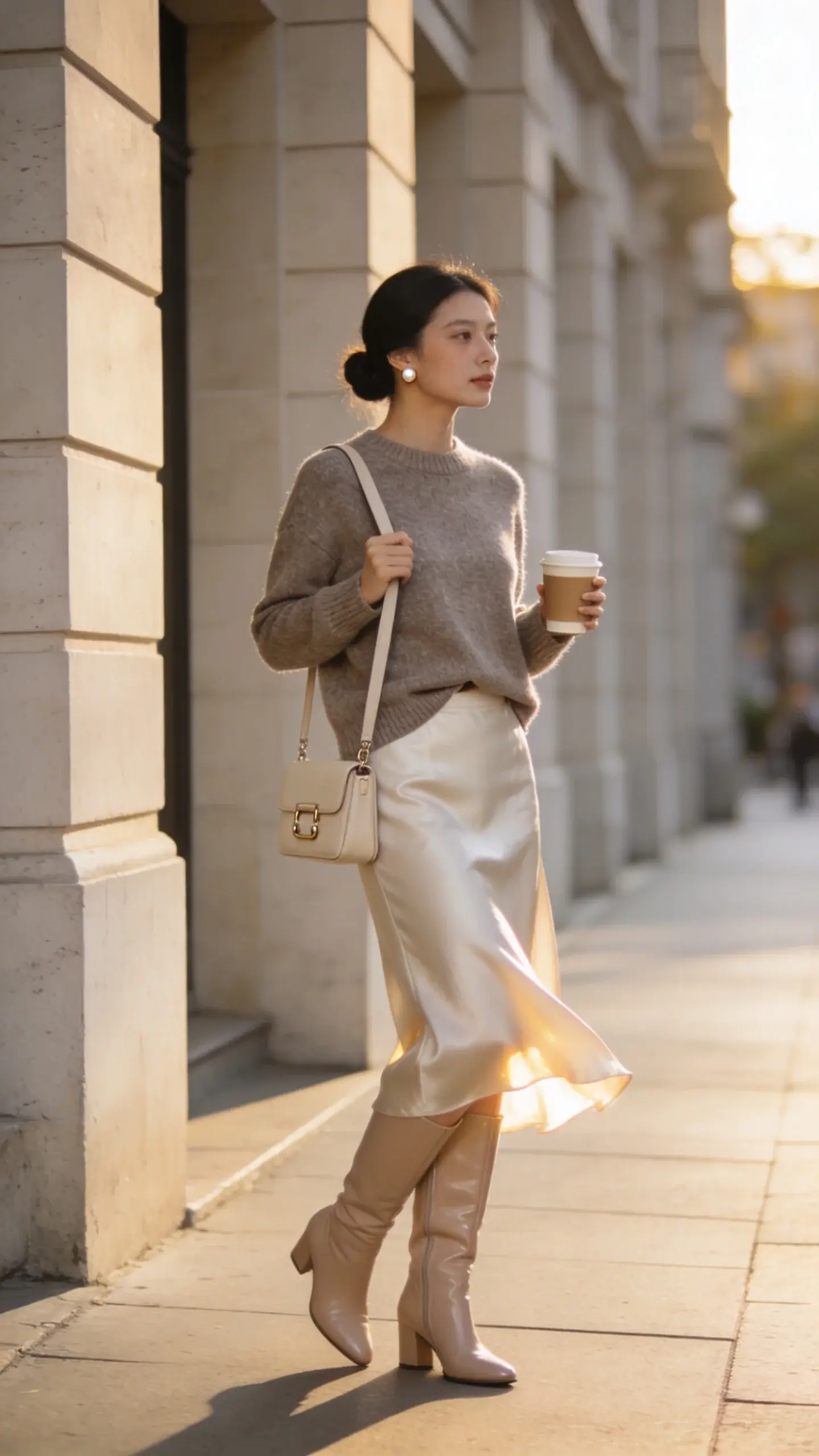 Realistic street-style fashion photo of a chic woman embodying “Luxe Textures Layered: Cashmere, Silk, and Leather Done Quietly,” showcasing the main subject: a refined, wealthy-looking outfit built from elevated textures. She stands on a clean, softly lit city sidewalk near a minimalist limestone building, late afternoon golden hour. Outfit: slim-fit heathered taupe cashmere crewneck sweater, lightly half-tucked at the front to define the waist; fluid champagne silk midi skirt with subtle sheen and gentle movement; smooth matte leather knee-high boots in a near-identical champagne-taupe tone to elongate the leg; structured small leather crossbody in tonal beige with refined hardware; tiny pearl stud earrings. Colors stay neutral and cohesive: taupe, champagne, ivory, soft beige. Hair in a low, polished bun; fresh, natural makeup with a soft glow. She holds the strap of the crossbody with one hand and a takeaway coffee in the other, mid-step, skirt catching light. Background blurred for depth of field, capturing quiet luxury vibes—no logos, no text. Ultra high-resolution, natural light, crisp detail on textures (cashmere fuzz, silk sheen, leather grain), editorial fashion photography, full-body framing.
