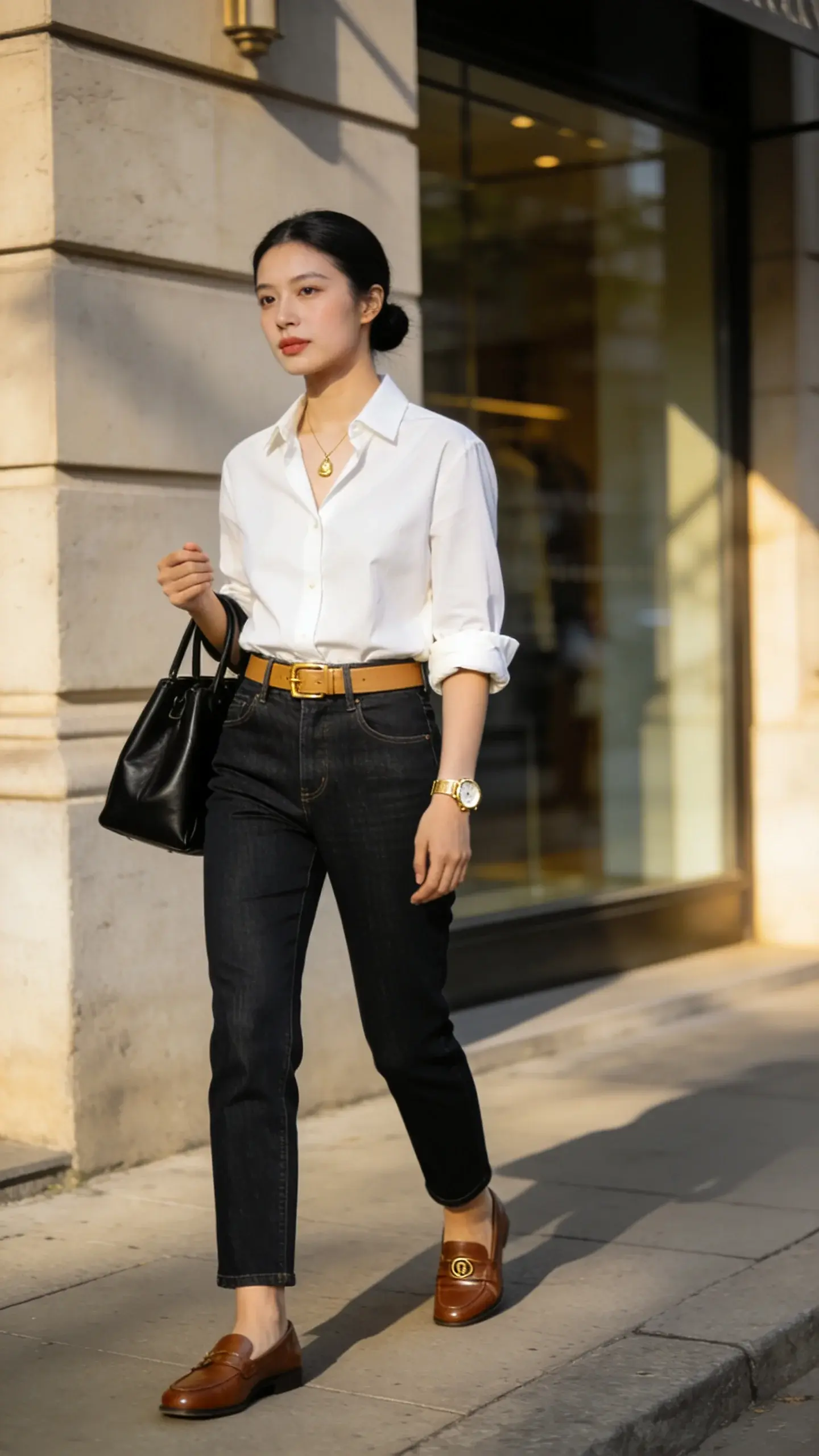 Realistic street-style photo of a chic woman embodying “Elevated Casual: Dark Denim With Grown-Up Accessories.” She wears dark indigo, high-rise tailored straight-leg jeans with no rips or whiskering, sturdy denim with minimal stretch for a crisp line. Top: crisp white cotton poplin button-up, clean French tuck at the front, sleeves casually rolled to the forearm. Accessories: slim tan leather belt with a simple gold buckle, polished brown leather loafers (no logos), a structured black leather tote carried in the crook of her arm, a delicate gold pendant necklace, and a classic slim gold watch. Hair is sleek in a low bun, natural makeup with soft matte skin and nude lips. Setting: upscale city sidewalk on a sunny Saturday morning, muted architectural backdrop (stone facade, glass storefront), shallow depth of field, golden natural light creating soft shadows. Photographic details: full-body, slightly off-center composition, 50mm lens look, high-resolution, editorial fashion photography, neutral color palette emphasizing dark denim and rich leather textures, no logos or text.