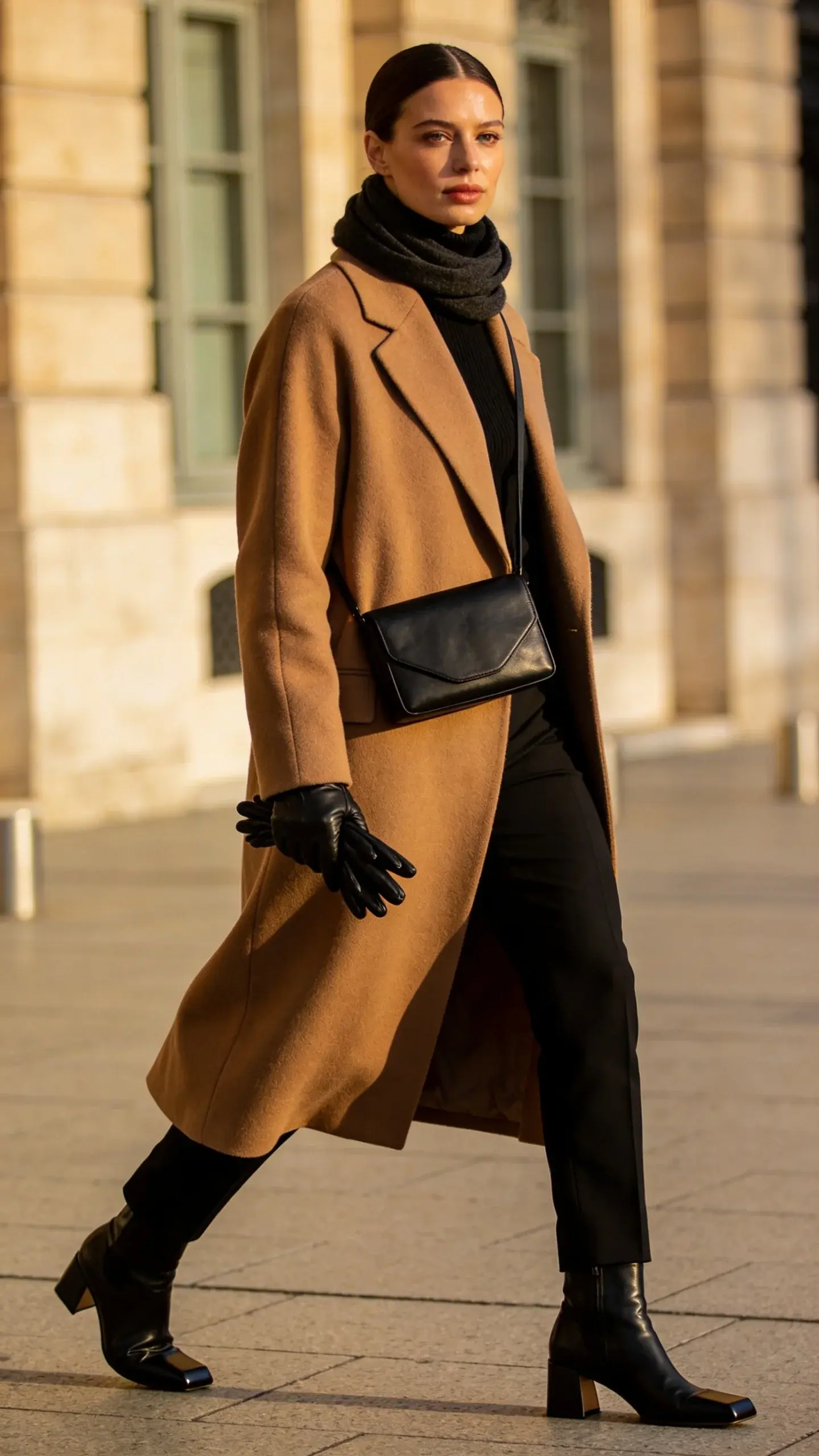 Street-style photo at golden hour of a confident, impeccably dressed woman who looks undeniably wealthy, walking across a quiet city sidewalk. She wears a longline, double-faced wool coat in rich camel with subtle texture and weighty drape that moves slightly as she strides. Underneath: a fitted, fine-gauge black turtleneck and slim, tailored black trousers that skim the ankle. On her feet: sleek black leather ankle boots with a subtle squared toe and low block heel. Accessories are quiet-luxe: matte black leather gloves tucked into one hand, a thin cashmere scarf in deep charcoal looped neatly at the neck, and a minimal black leather crossbody with a structured silhouette and no visible logos. Hair is smooth, tucked behind the ears; makeup is natural, skin slightly glowy. The overall palette is camel, black, and charcoal with no bright colors. Background is softly blurred upscale architecture and neutral stone facades; lighting is warm and directional, emphasizing the coat’s plush texture and crisp tailoring. Photographed at eye level with a shallow depth of field (bokeh), high-resolution, editorial street style, natural color grading, no text.