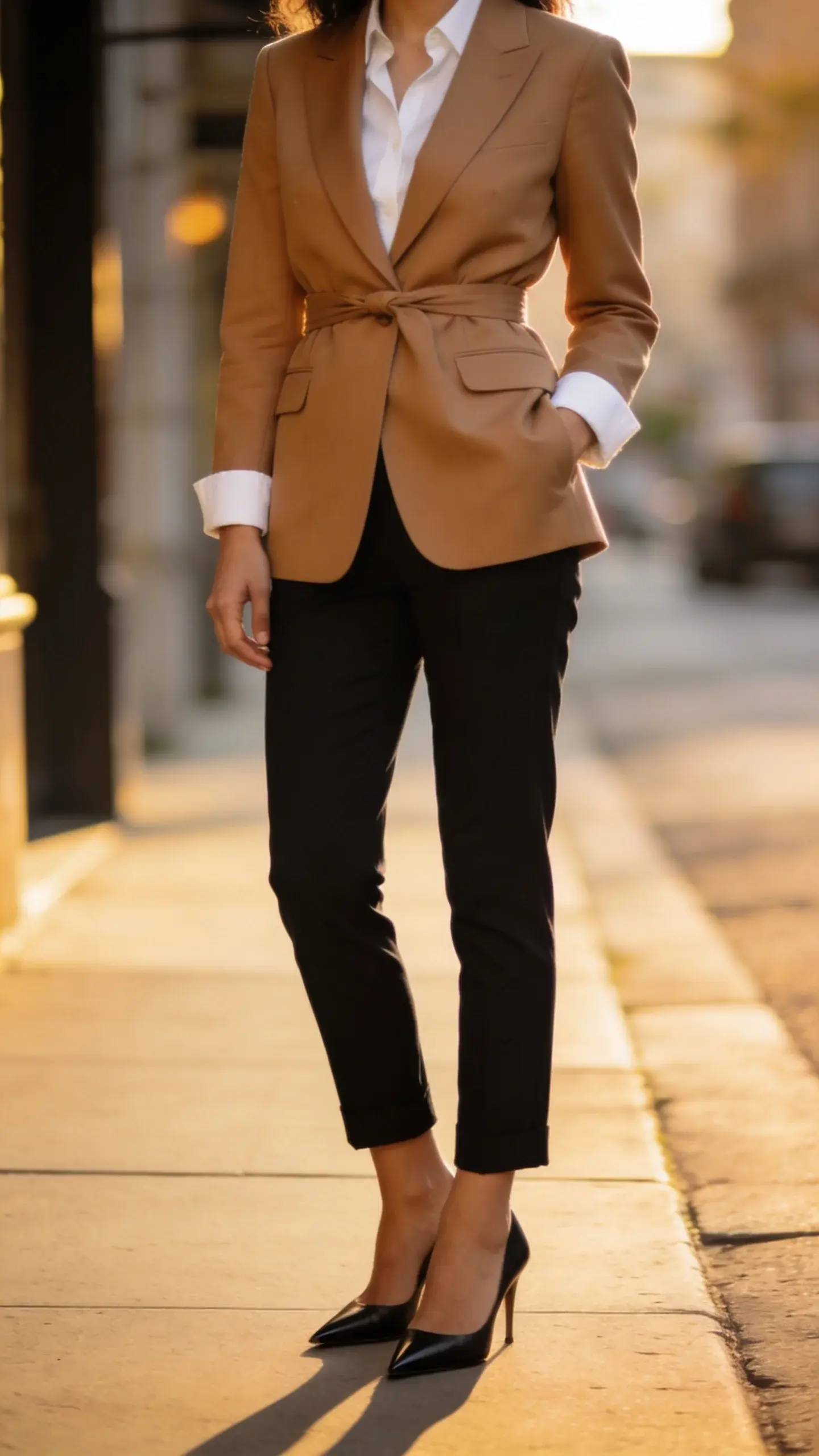 Street-style photo of a confident woman in a perfectly tailored camel blazer cinched at the waist, crisp white shirt with cuffs peeking 1 cm, slim black trousers hemmed to just skim pointed-toe heels; soft morning light, urban sidewalk, shallow depth of field, no text.