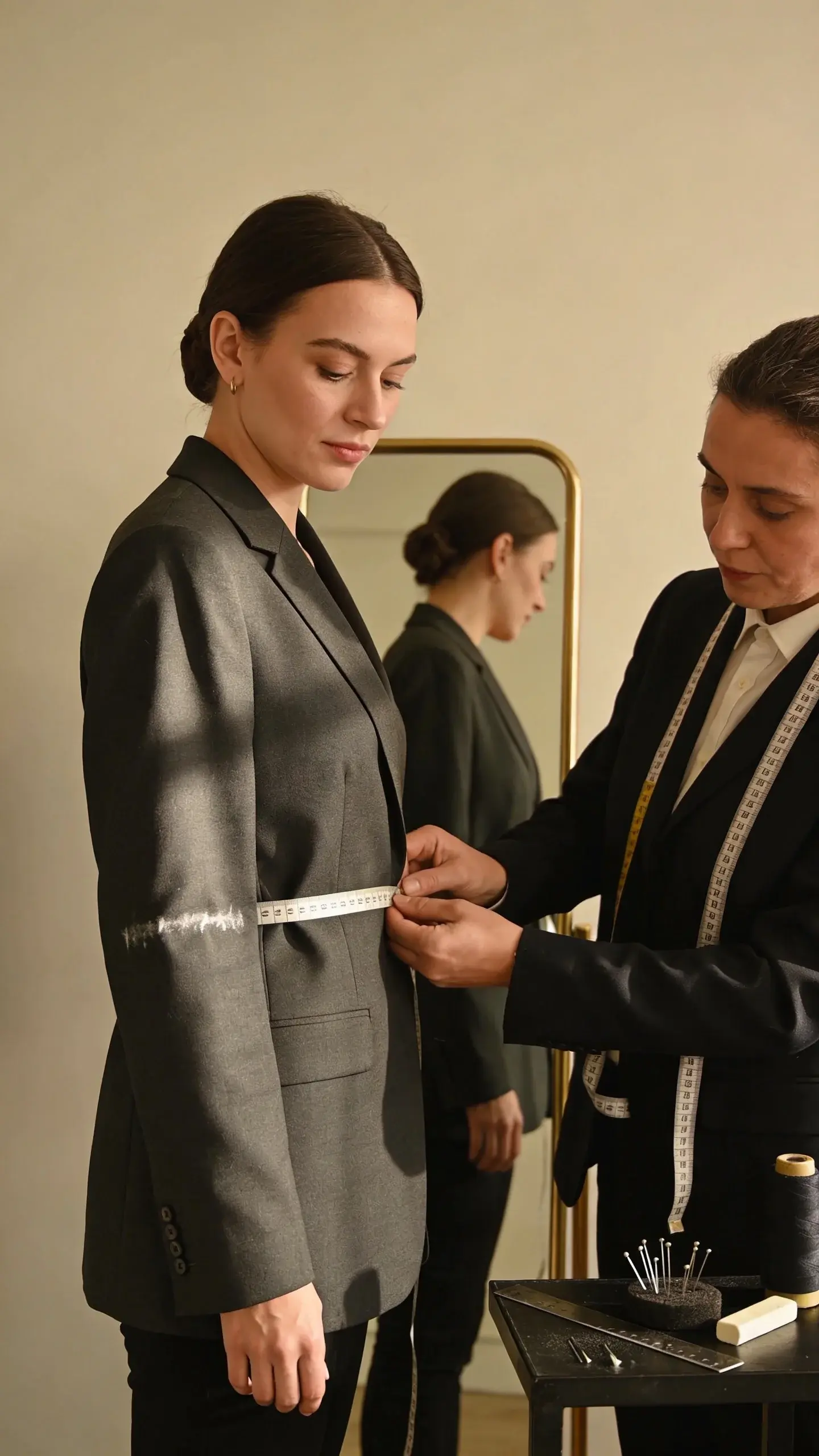 Elegant dressing-room scene: a woman standing in front of a mirror with a tailor pinning the waist of a charcoal blazer and marking sleeve length; measuring tape draped over tailor’s neck, pins and chalk visible, soft warm lighting, neutral backdrop.