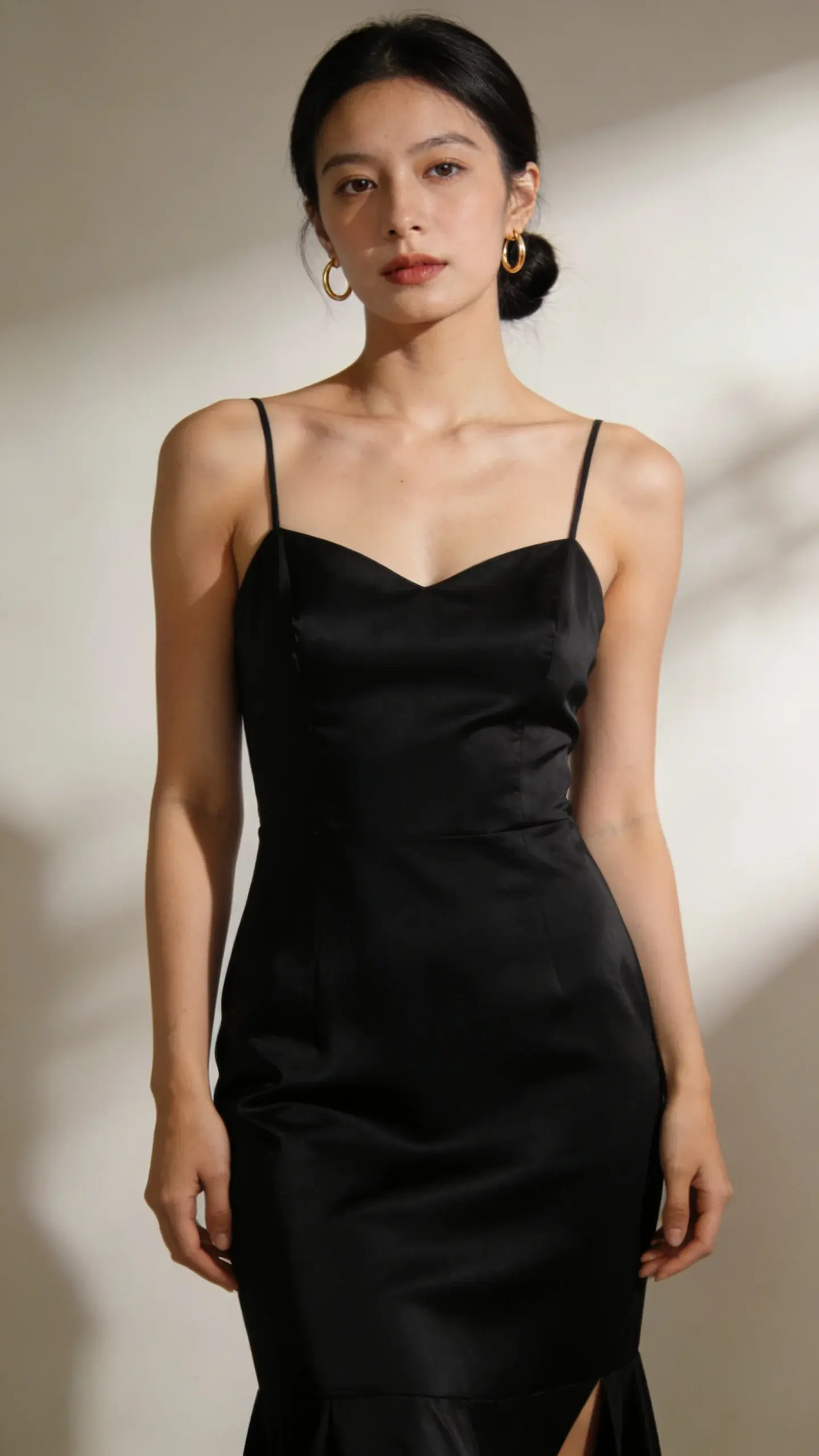 Studio portrait of a woman in a little black dress with perfectly adjusted straps and a knee-grazing hemline; smooth fit that skims the body, subtle sheen fabric, delicate gold hoop earrings, low bun, soft shadowed background.