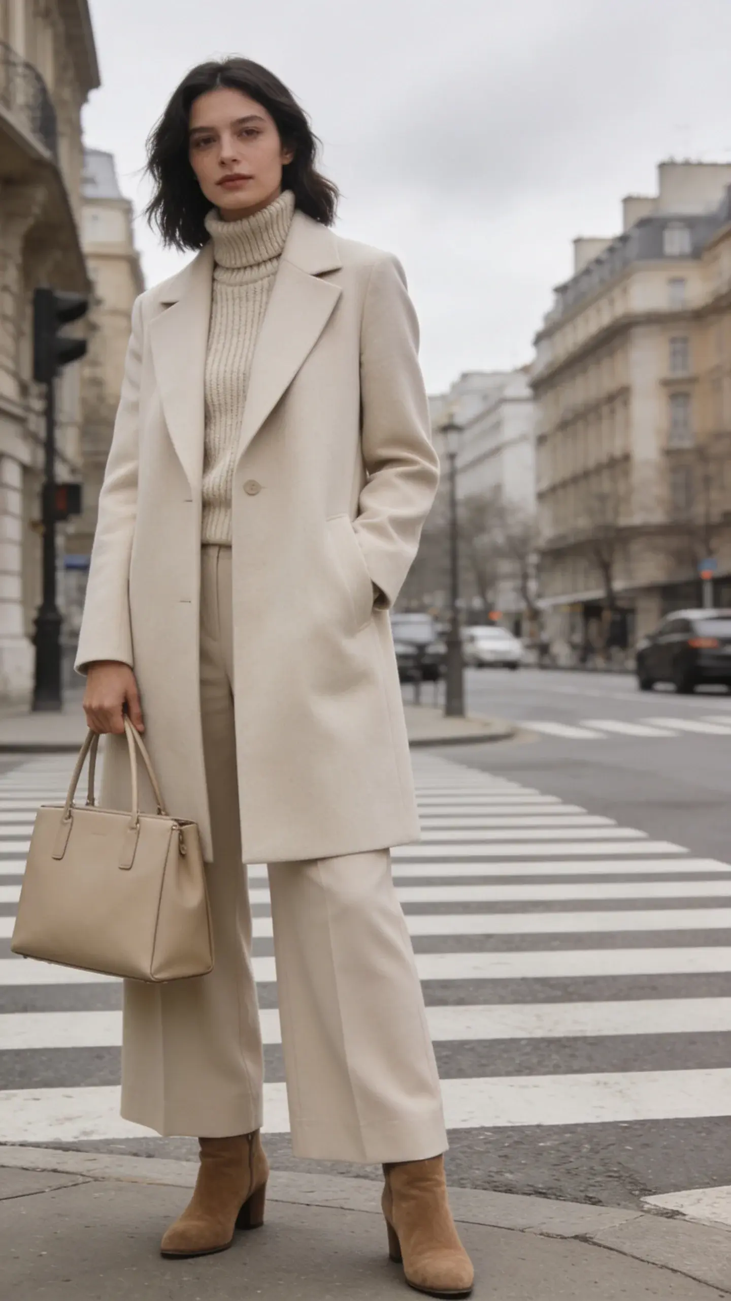 City crosswalk shot of a woman wearing monochrome oatmeal tones: tailored coat, knit turtleneck, wide-leg trousers, suede ankle boots; structured tote in hand; balanced proportions, movement in the coat, overcast daylight.