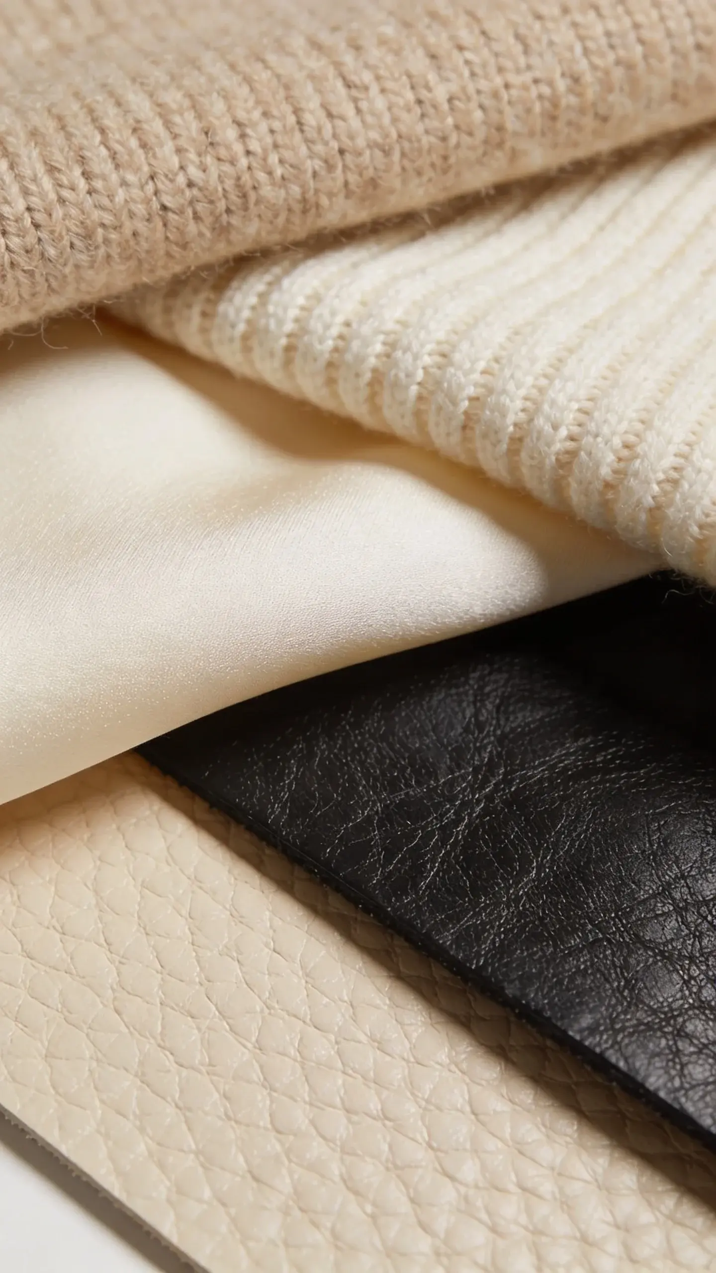 Close-up macro of premium fabrics: swatch of brushed wool, fine-gauge knit, smooth silk, and pebbled leather layered together; visible weave and texture, neutral palette (beige, cream, black), clean composition.