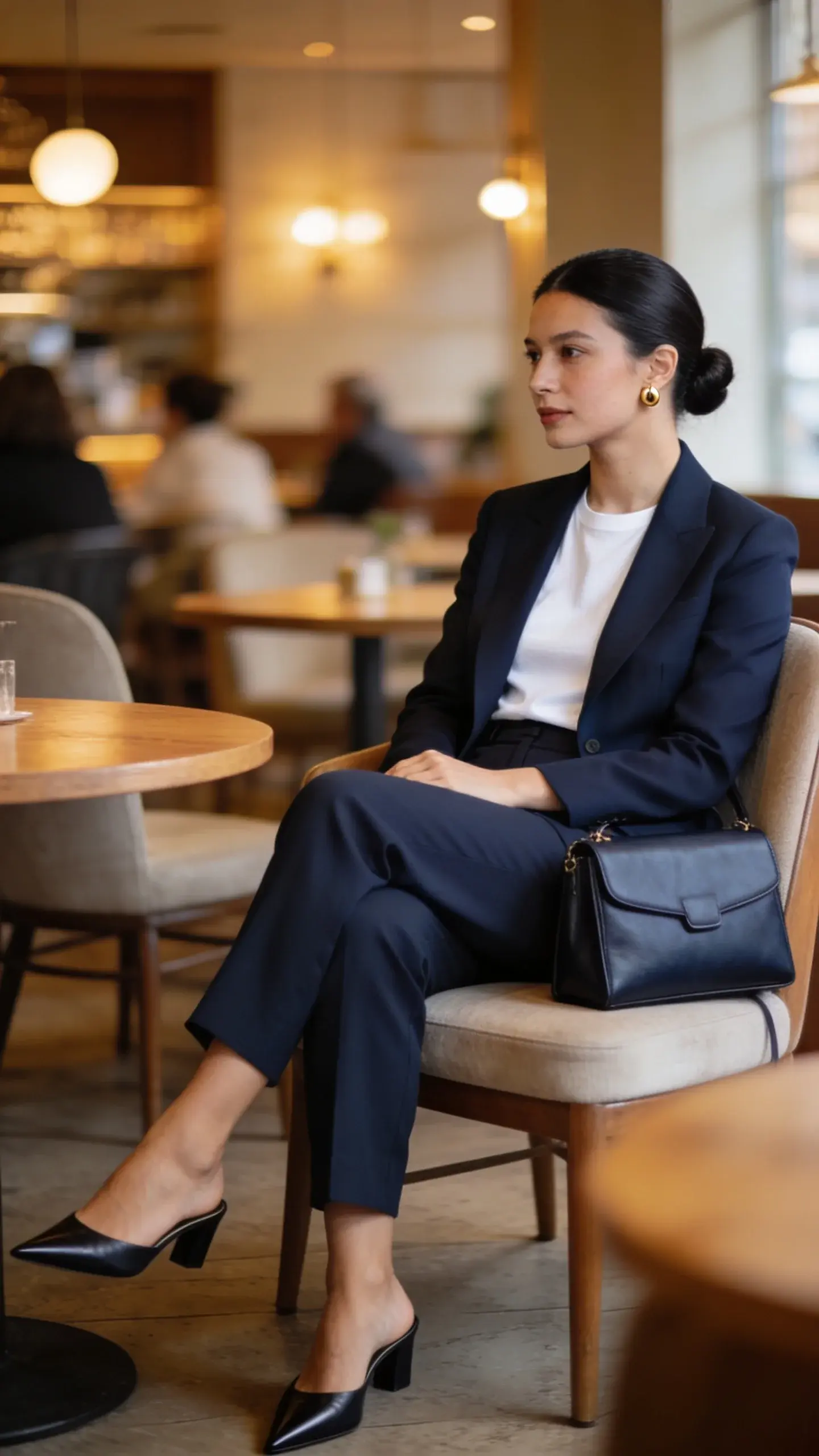 Elegant café setting: a woman seated with legs crossed, tailored navy blazer, white tee, high-waisted trousers, pointed mules; structured handbag on chair, simple gold studs, polished hair; warm ambient light, refined atmosphere.