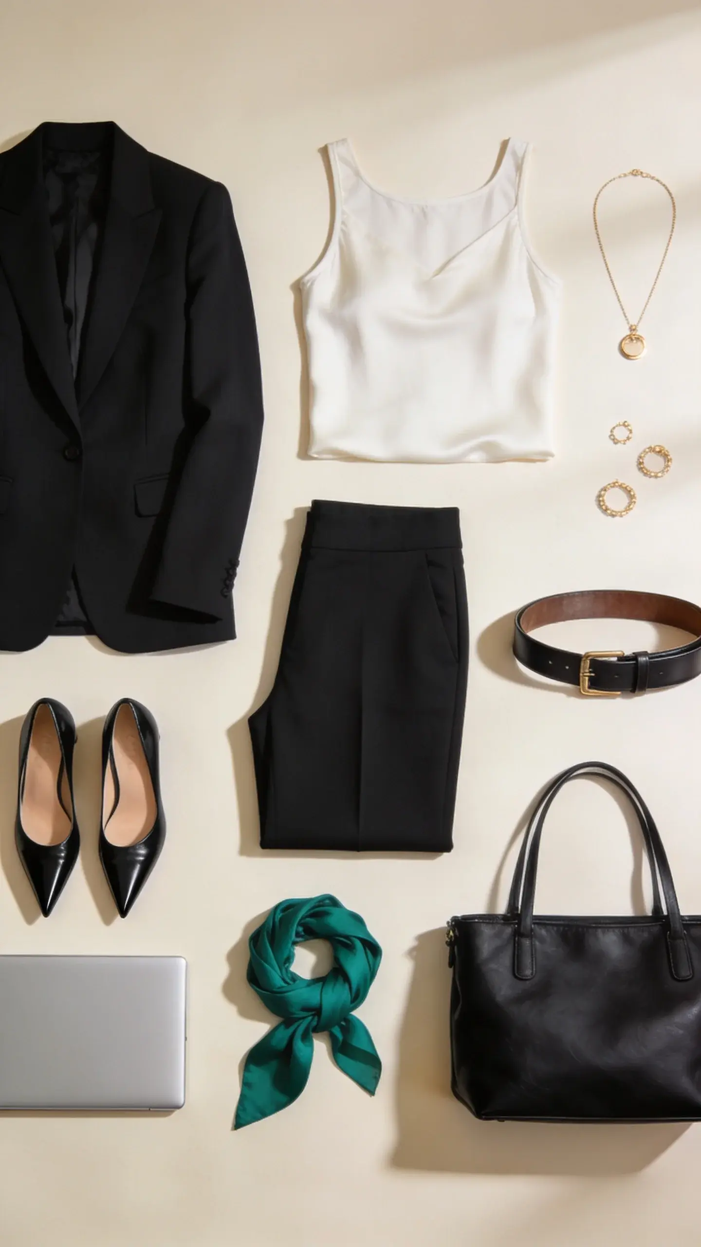 Overhead flat lay of a minimalist “business-luxe” capsule on a cream background: black tailored blazer, ivory silk tank, sleek black trousers, pointed-toe black pumps, slim leather belt, structured black tote, emerald silk scarf, delicate gold jewelry, and a compact laptop; soft natural light, no text.