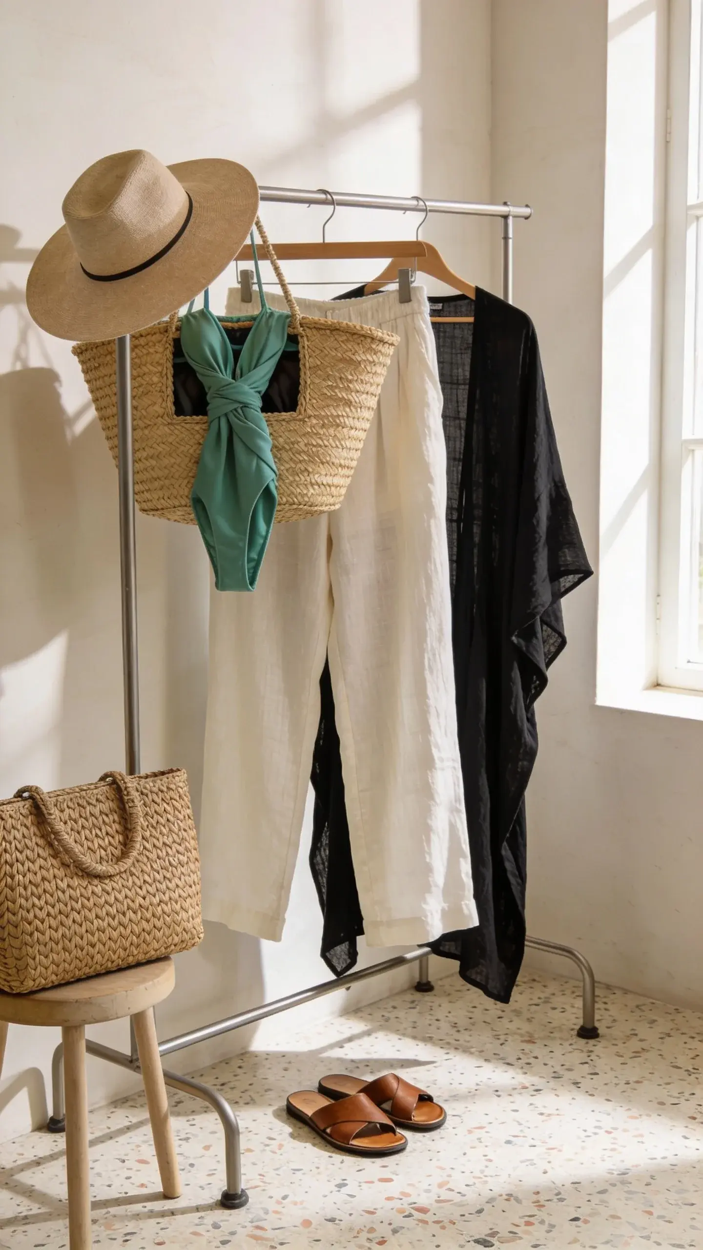 A chic “resort-chic” rack scene near a sunlit window: breezy ivory linen pants, lightweight black kaftan, emerald wrap swimsuit peeking from a straw beach bag, leather slides, oversized sunglasses, wide-brim hat hanging on the rack, woven clutch on a stool; pale walls and terrazzo floor.