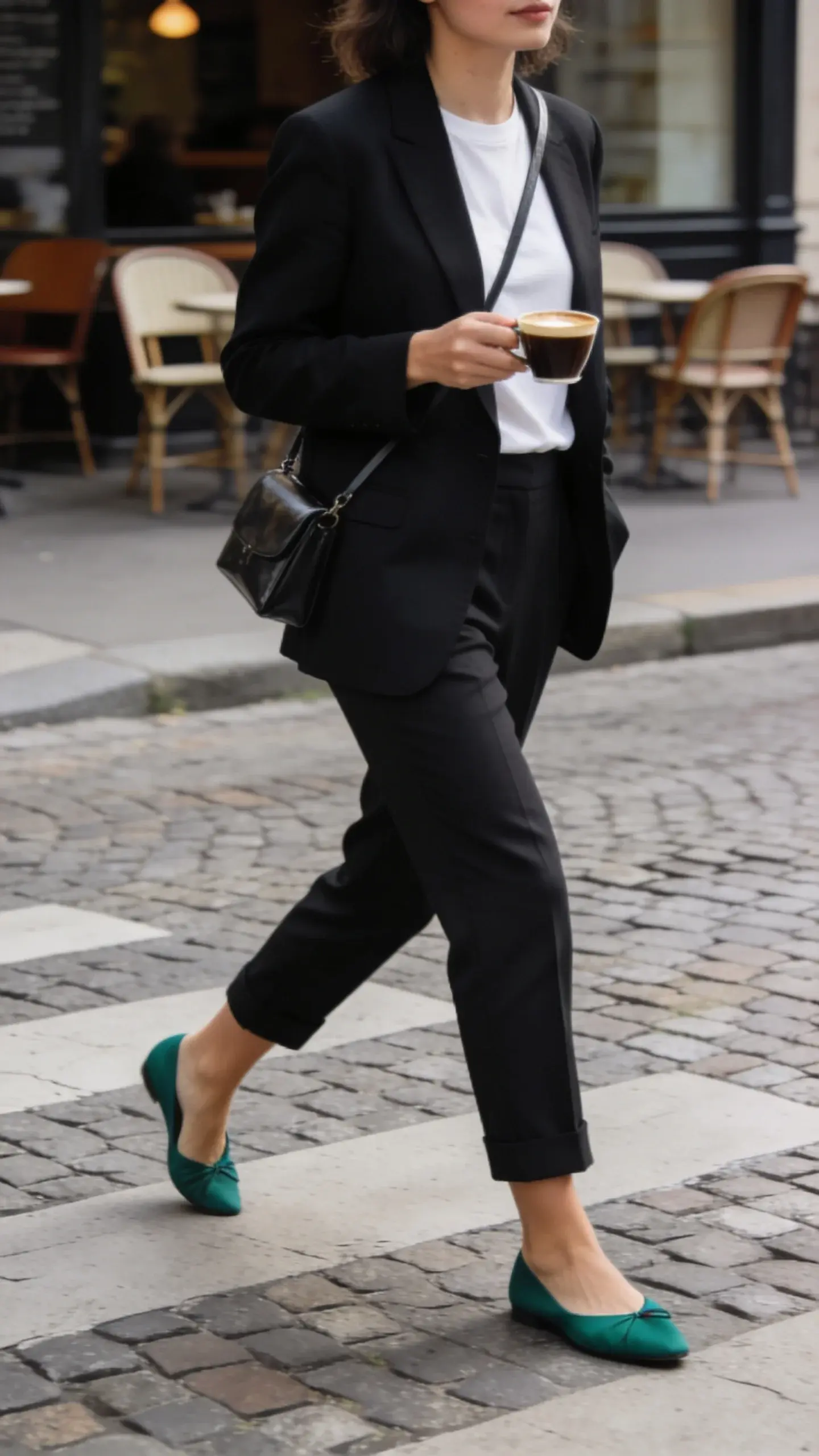 City-flâneur street scene: elegant woman from mid-calf up crossing a cobblestone street with an espresso cup, wearing a black blazer over an ivory tee, tailored cropped trousers, emerald ballet flats, sleek crossbody bag; muted Parisian backdrop with café chairs and soft morning light.