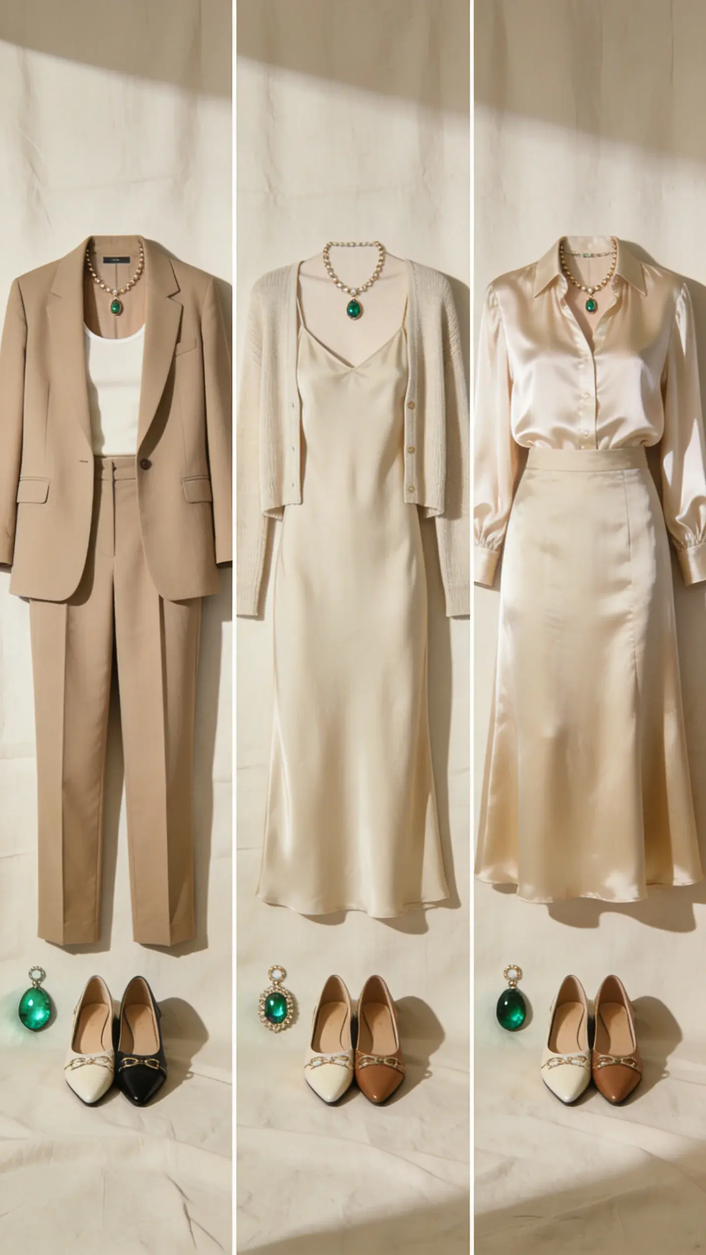 Flat lay of a “uniform formula” grid: three repeatable outfits aligned in columns on a neutral linen backdrop—(1) blazer + tank + trousers; (2) slip dress + cardigan; (3) silk blouse + midi skirt—each column with coordinated shoes, jewelry, and one emerald accent accessory; shadows crisp and clean.