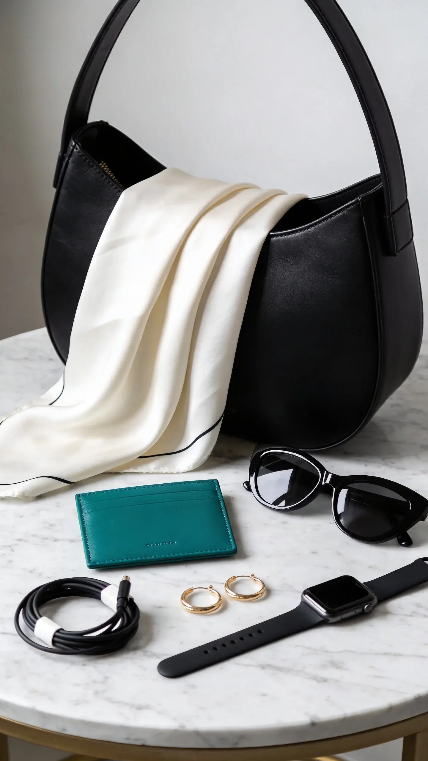 Palette-focused accessories vignette: close-up of black and ivory pieces with an emerald pop—structured black tote, ivory silk scarf, emerald leather cardholder, black sunglasses, gold hoop earrings, slim black watch, neatly coiled phone cable; placed on a marble tabletop.