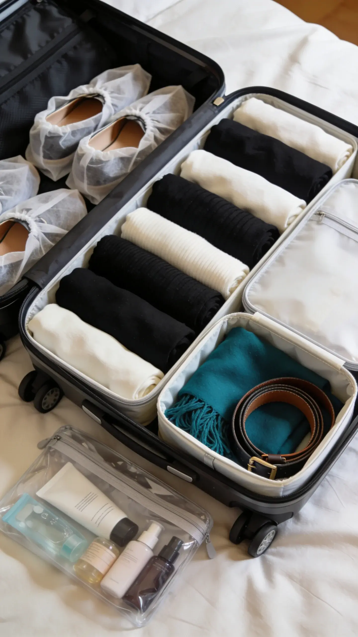Packing cubes in action inside an open hard-shell suitcase on a bed: labeled cubes (unlabeled visually) neatly filled—tops, bottoms, intimates—rolled garments in black/ivory tones, a corner cube with emerald scarf and belt, shoes in dust bags along the side, toiletry bag and travel-sized bottles in a clear pouch.