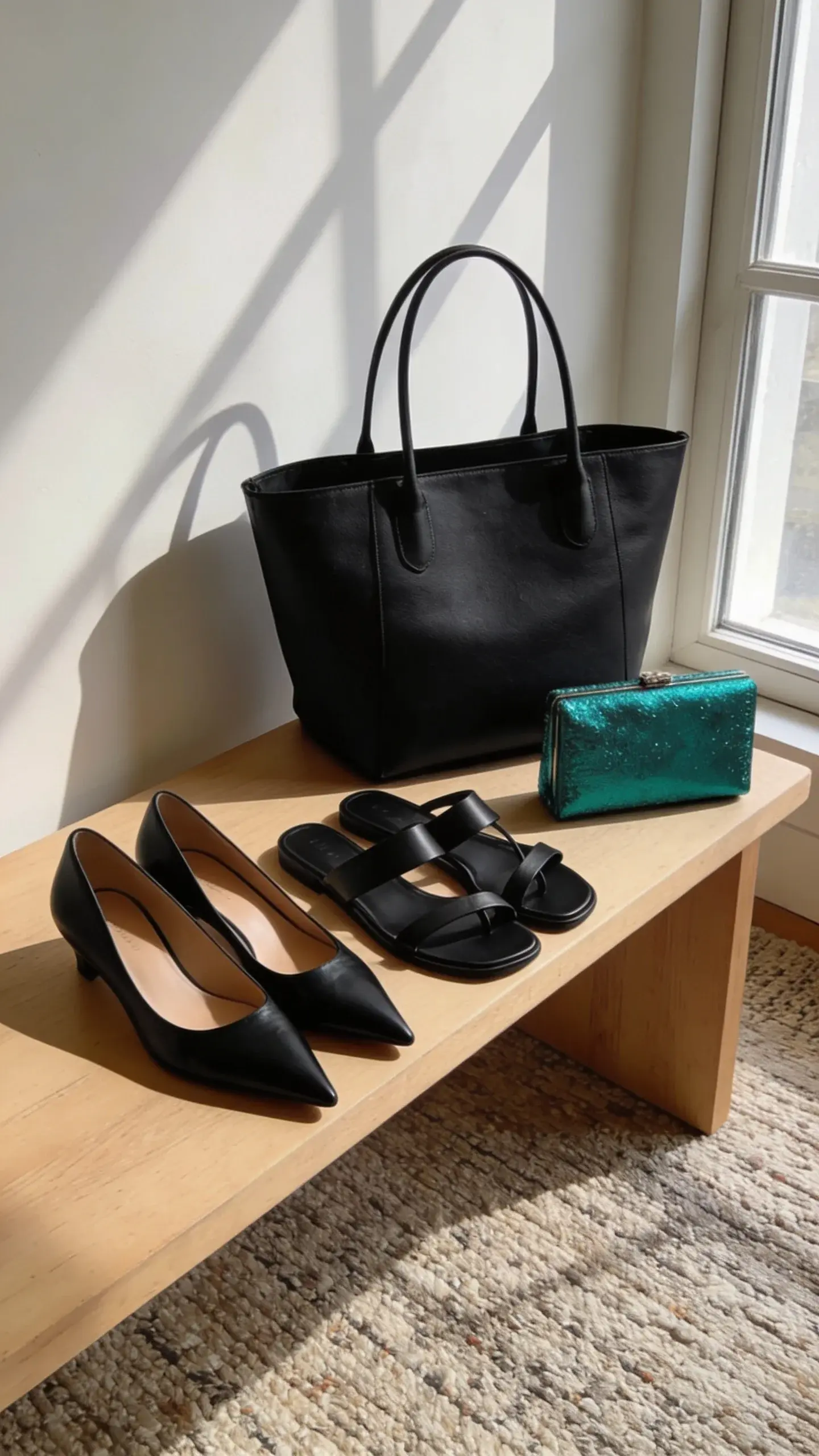 Shoe and bag edit on a low bench: two pairs only—black pointed pumps and minimalist black leather sandals—next to a structured black tote and a small emerald evening clutch; soft shadow from a nearby window; light oak bench and textured rug beneath.