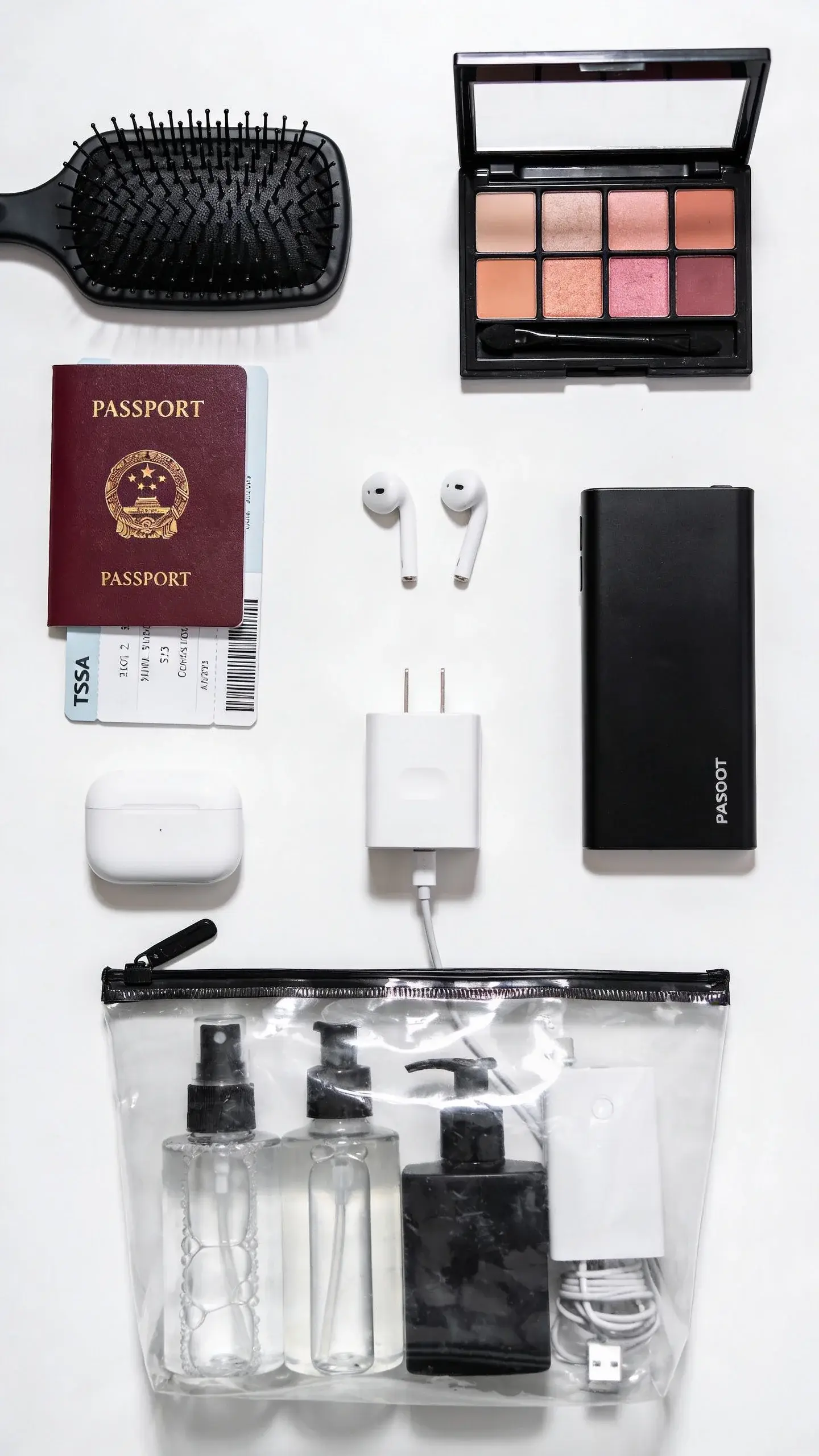 Toiletry and tech checkpoint setup on a white counter: TSA-friendly clear pouch with decanted bottles, sleek black travel hairbrush, compact makeup palette, earbuds case, universal adapter, slim power bank, passport with boarding pass peeking, all arranged symmetrically; clean, bright light.