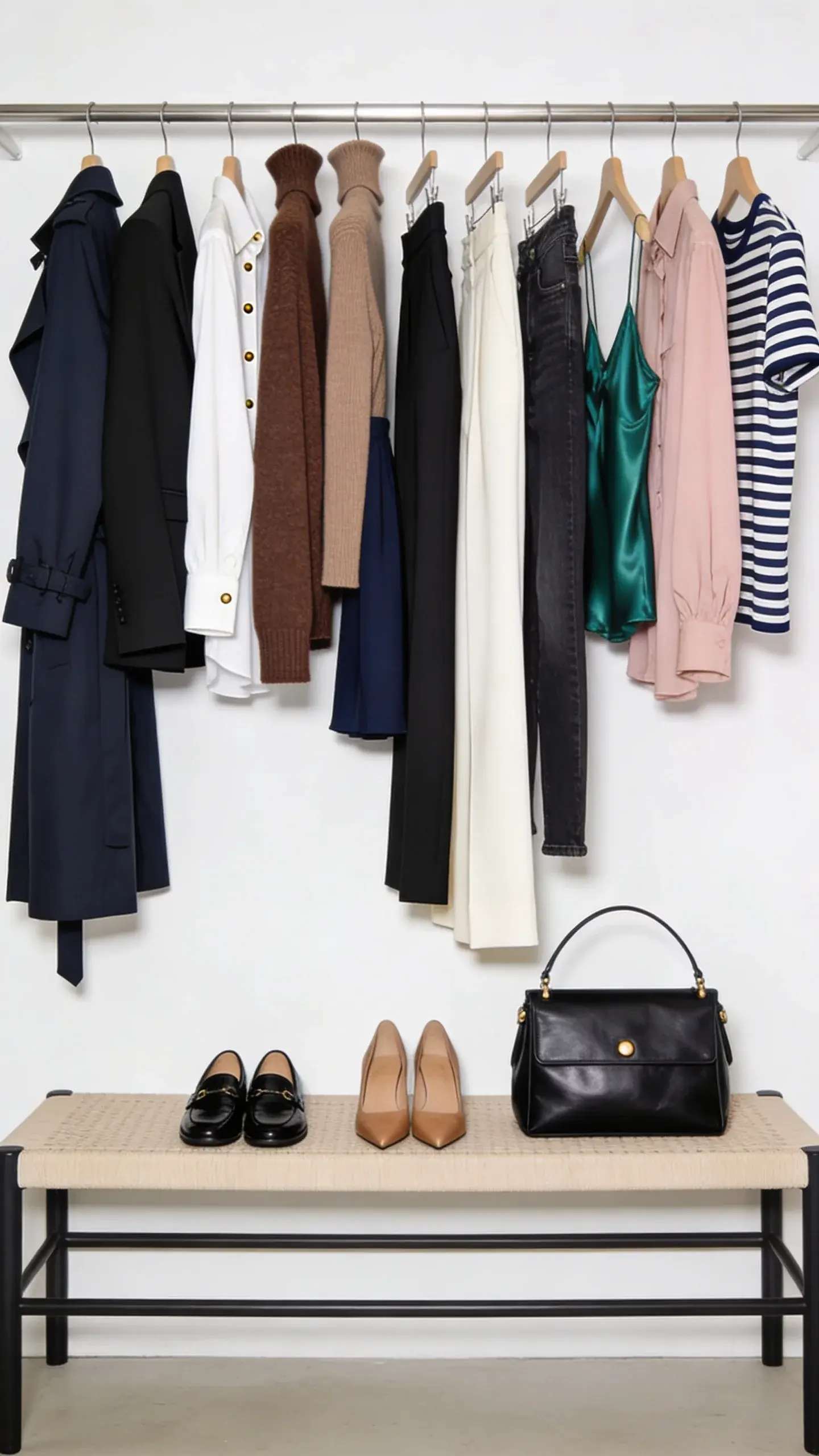 A minimalist closet rail against a white wall displaying 12 coordinated pieces: navy trench coat, black blazer, ivory button-down, chocolate cashmere sweater, taupe turtleneck, navy slip skirt, black tailored trousers, ivory wide-leg pants, dark-wash jeans, emerald silk camisole, blush blouse, and a navy-and-ivory striped tee; below on a bench: black loafers, taupe heels, and a structured black leather bag with subtle gold hardware; clean, editorial lighting.