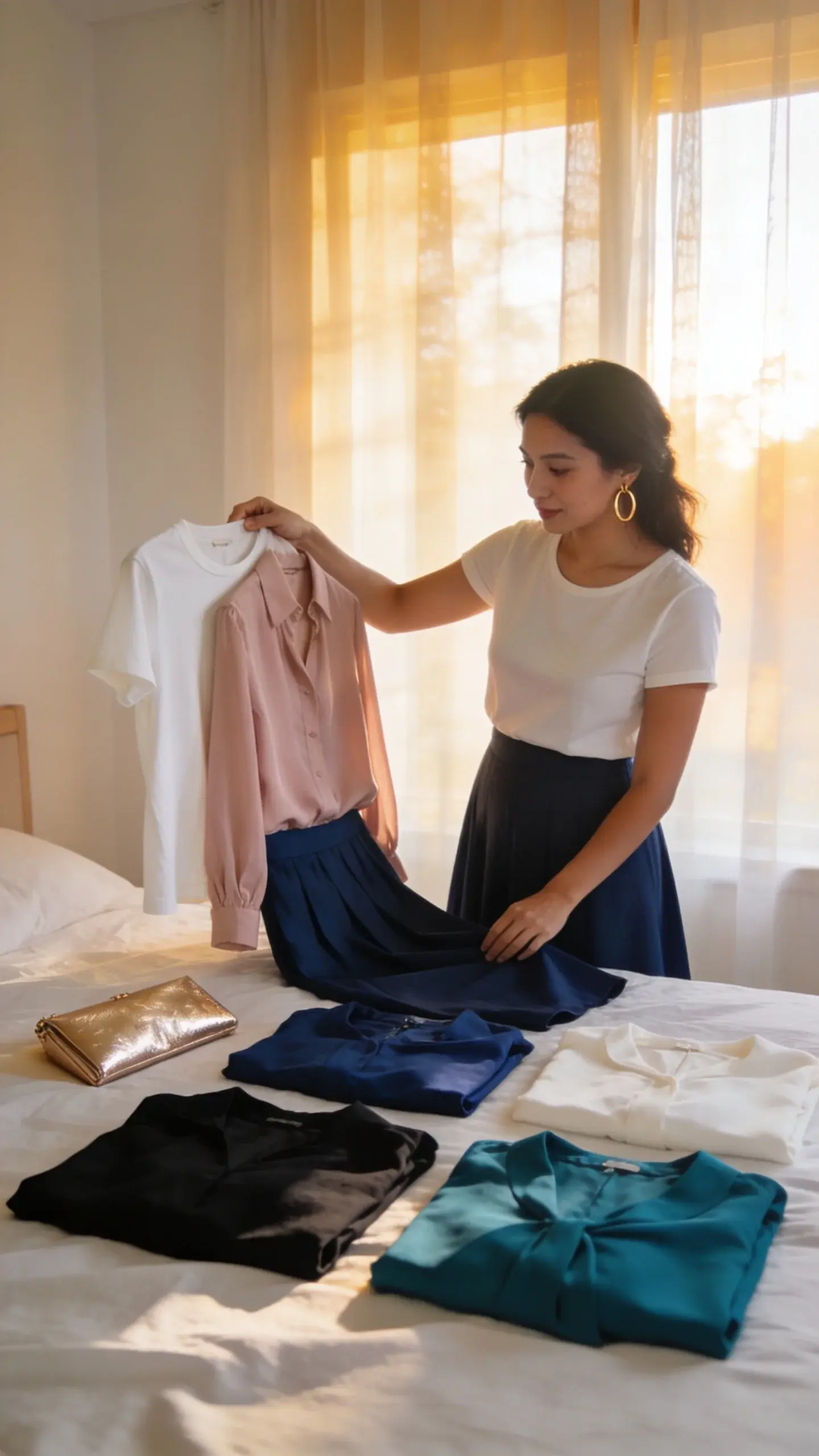 A morning bedroom scene: an elegant woman (30s, medium skin tone) holding two tops—ivory tee and blush blouse—up to a navy skirt on a bed; on the bed, a cohesive selection of pieces in black, navy, ivory, and emerald; gold hoop earrings and a champagne metallic clutch nearby; soft sunrise light through sheer curtains, calm atmosphere.