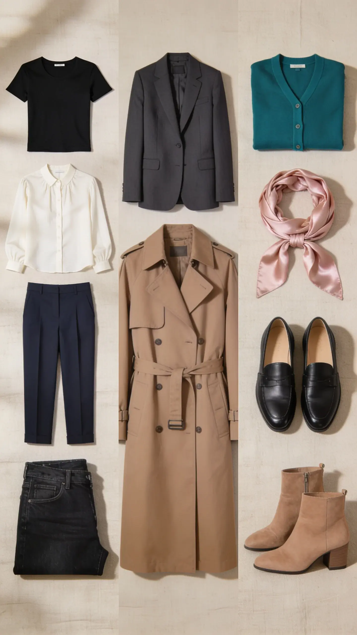 Side-by-side outfit builder layout on a neutral linen surface: left column shows base layers (black tee, ivory blouse, navy trousers, dark jeans); middle column shows outer layers (charcoal blazer, taupe trench); right column shows accents (emerald cardigan, blush silk scarf) and shoes (black loafers, taupe ankle boots); subtle shadows, balanced composition.
