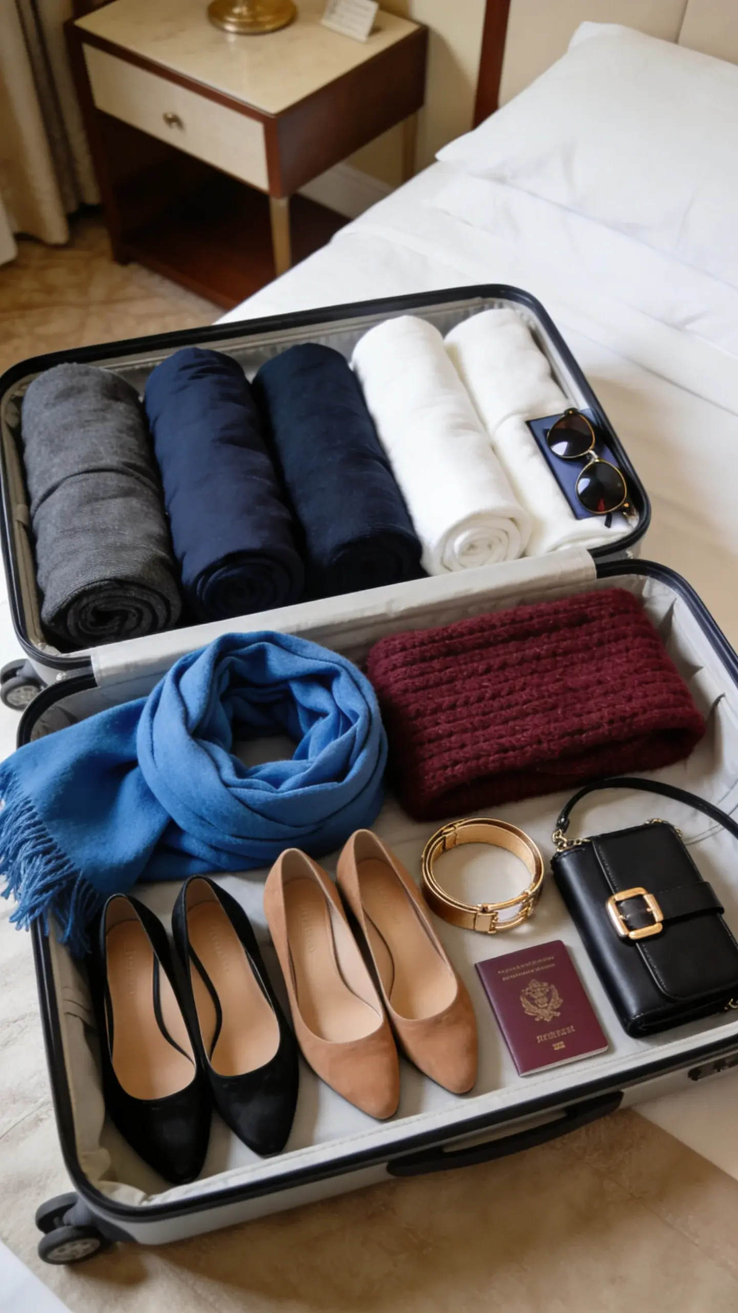 A chic travel capsule arranged inside an open suitcase: neatly rolled pieces in charcoal, navy, and ivory with pops of cornflower blue scarf and burgundy knit; black flats, taupe low heels, a slim gold belt, and a compact black crossbody with gold hardware; passport and sunglasses tucked in a corner; overhead shot, hotel room ambiance.