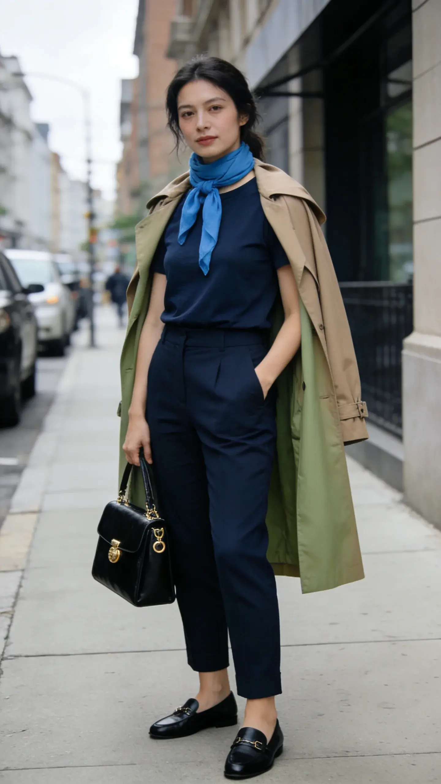 Street-style moment: an elegant woman (light olive skin tone) in a monochrome navy base—navy trousers and tee—with a taupe trench draped over shoulders, cornflower blue scarf at the neck, black loafers, and a structured black bag with gold accents; city sidewalk background, soft overcast light, no signage.