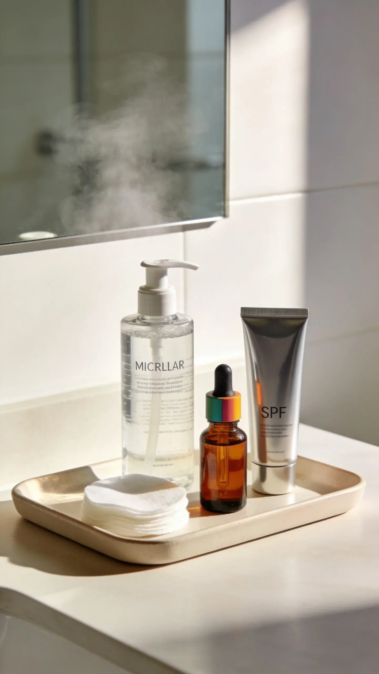 A bright, minimalist bathroom counter at sunrise with a small tray neatly holding three items: a clear pump bottle of micellar water with cotton pads, a single amber dropper bottle labeled only by color cap (suggesting a serum), and a sleek SPF tube; soft natural light, subtle steam on mirror, no text, modern neutral tones.
