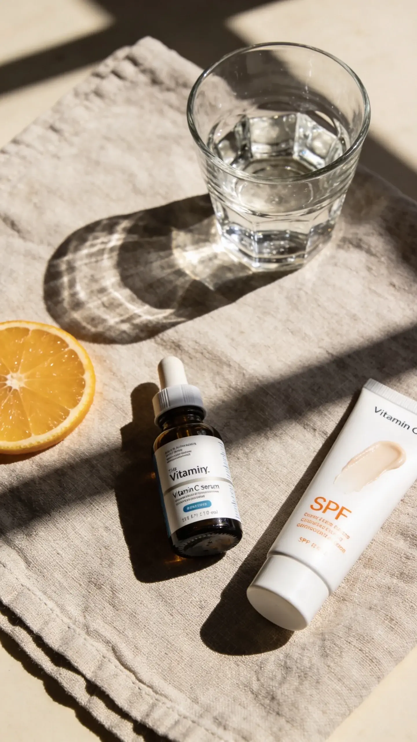 Flat lay on a linen towel: one vitamin C serum dropper with a citrus slice nearby, SPF tube with a subtle tint smear, and a small glass of water; warm morning light, shadows from a window, muted natural color palette.