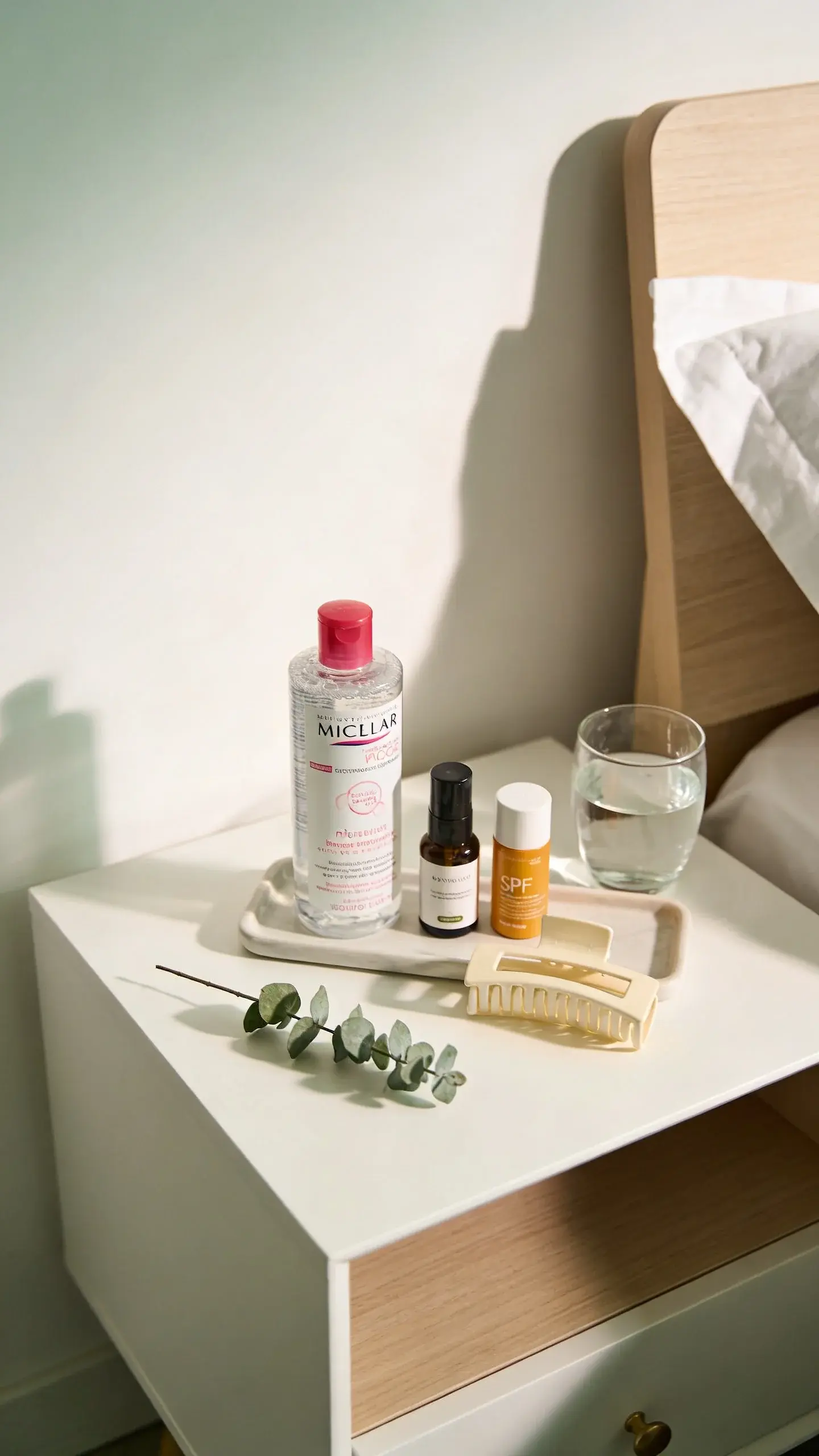 A chic bedside table at dawn with a petite tray prepared for morning: micellar water bottle, one serum, SPF, and a simple hair claw clip; a glass of water and a single sprig of eucalyptus; calm, organized, Scandinavian aesthetic.