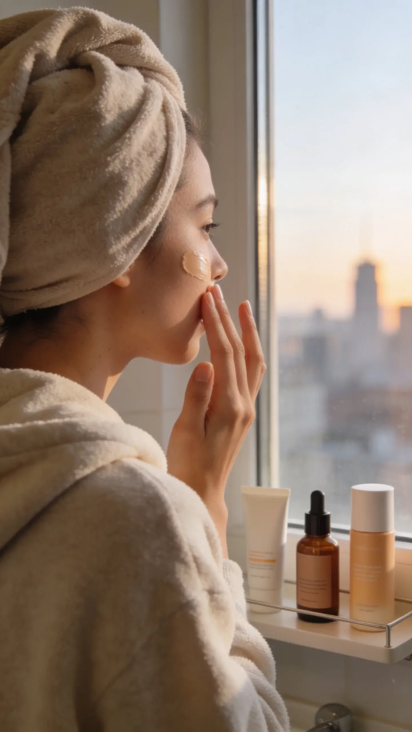 Over-the-shoulder view of someone in a cozy hoodie applying tinted SPF with fingertips, standing by a window; city morning skyline soft-focused outside, bathroom shelf minimal with only three products visible.