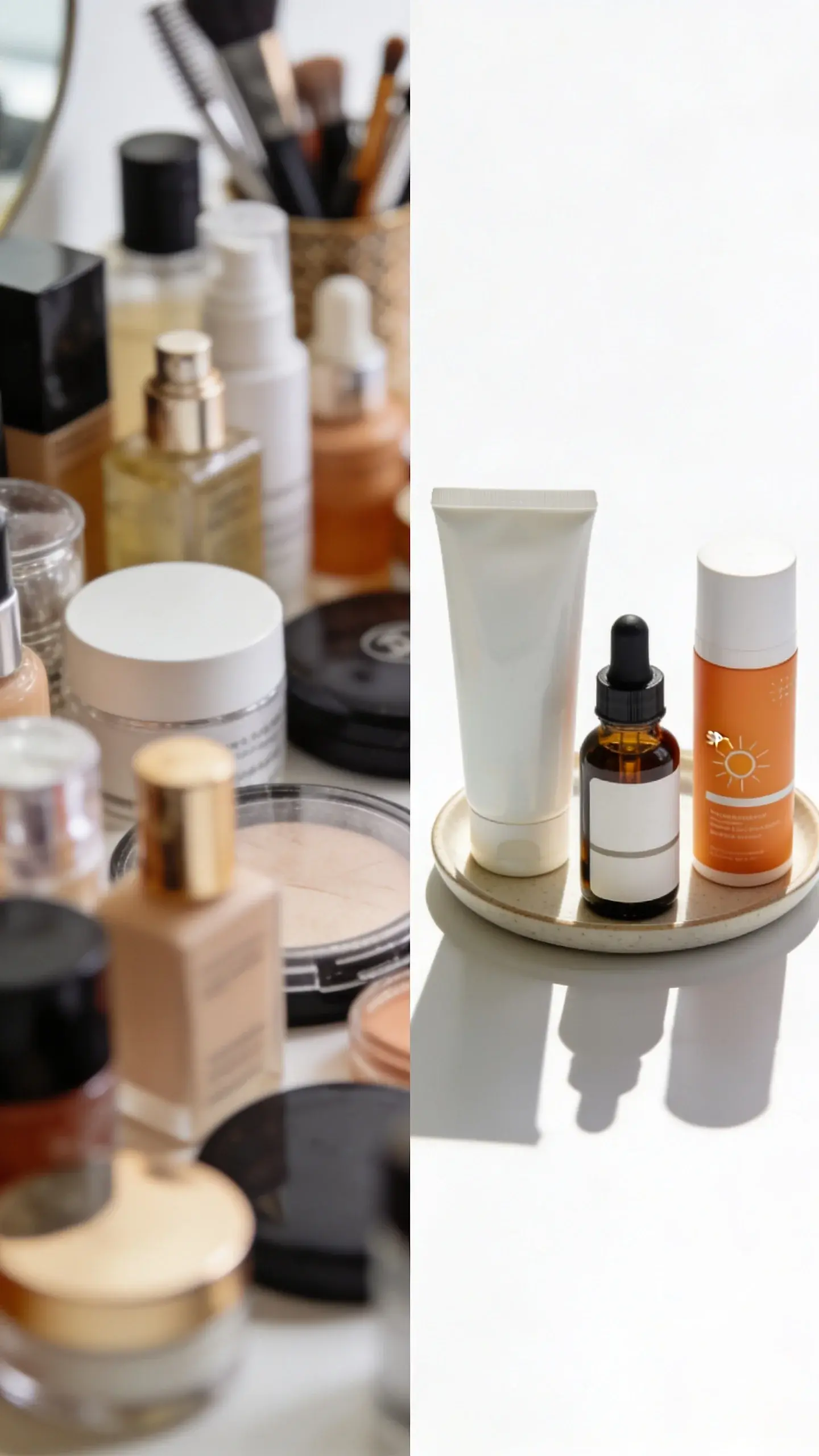 Split scene vanity: left side cluttered with many products out of focus, right side sharply focused on just three—cleanser, one serum, SPF on a small tray—emphasizing simplicity; bright, airy lighting.