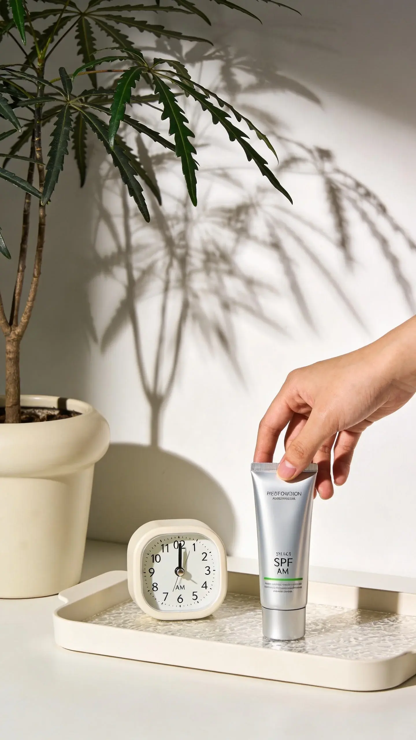 Quick grab-and-go moment: a hand reaching for a sleek SPF tube from a neatly arranged tray beside a small analog clock reading 7:05 AM; potted plant shadow on wall, crisp, modern composition.