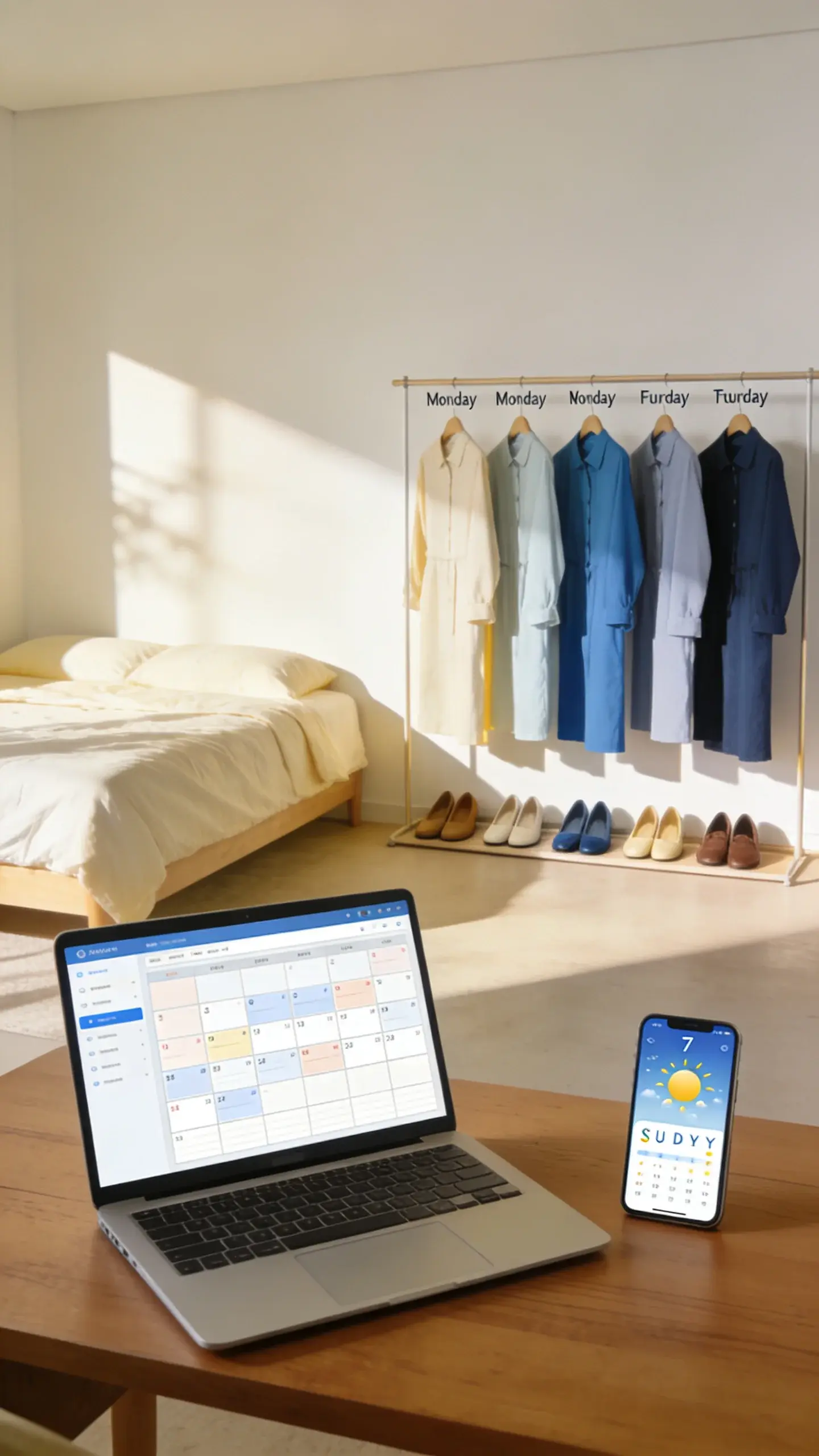 A sunlit bedroom with a neatly made bed, an open laptop displaying a weekly calendar, a smartphone showing a 7‑day weather forecast, and a tidy clothing rack with five coordinated outfits hung in order from Monday to Friday; include shoes lined beneath each outfit, a neutral palette with one pop of color, no text.