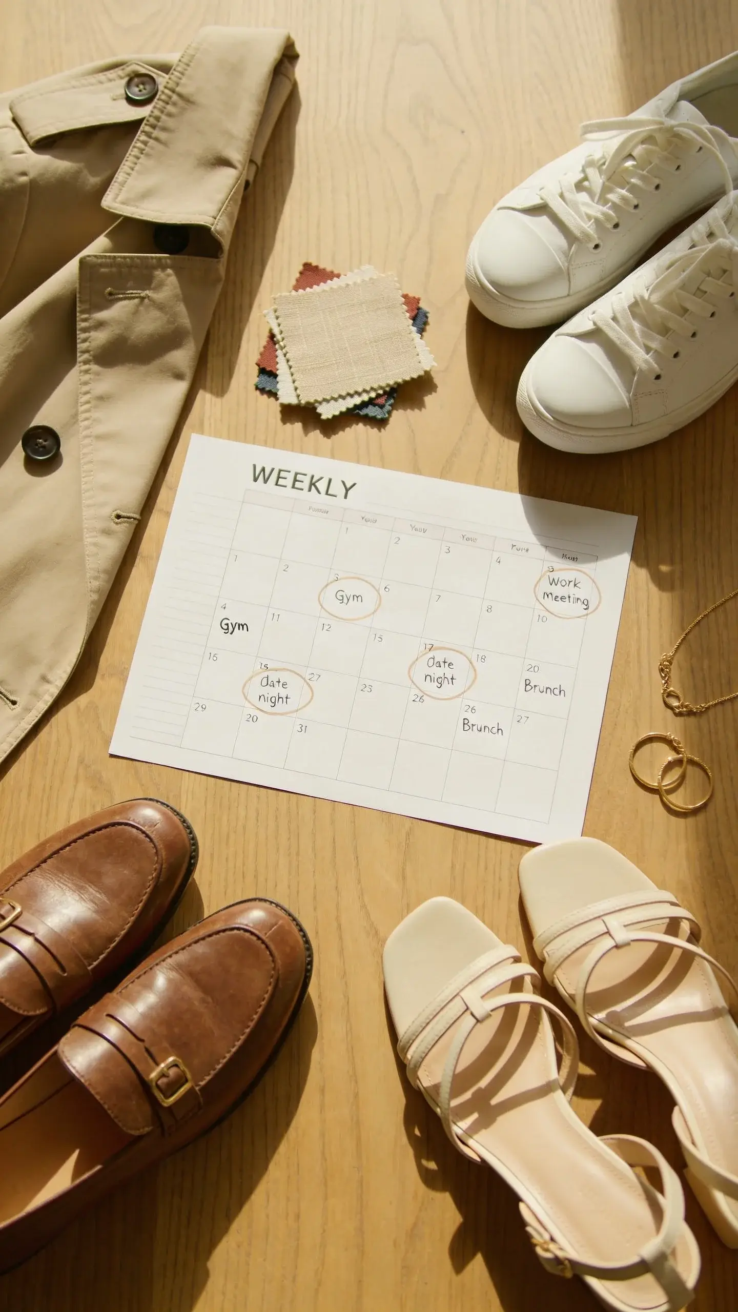 A top‑down flat lay on a wooden table: printed weekly planner with circled events (work meeting, gym, date night, brunch), a small stack of fabric swatches, a pair of classic loafers, white sneakers, strappy heels, a folded trench coat, and simple gold jewelry arranged thoughtfully; warm morning light, no text.