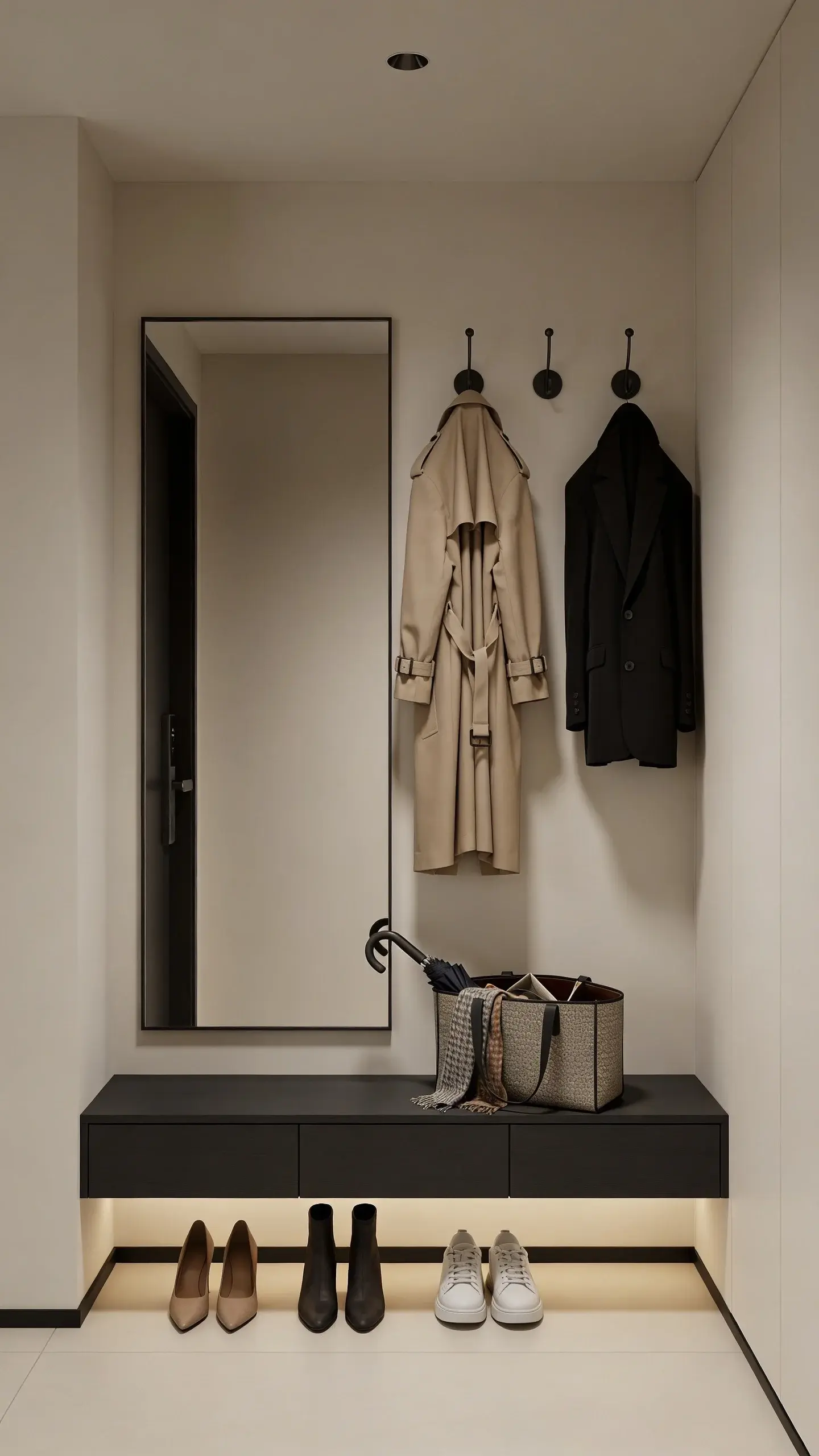 A hallway scene with a mirror and a narrow console table: on hooks, a beige trench coat and a black blazer; below, three shoe options (heels, ankle boots, clean sneakers) aligned; a structured tote bag open with a compact umbrella and scarf peeking out; minimal, elegant aesthetic, no text.