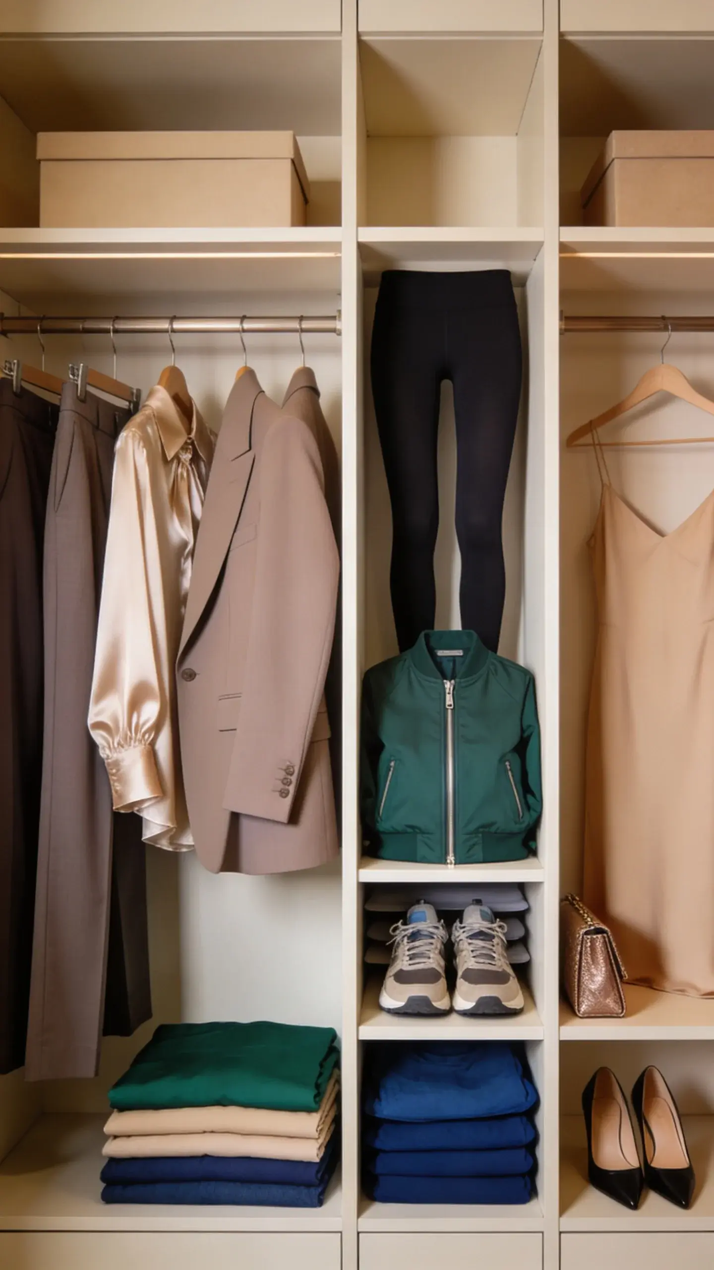 A closet interior organized by occasion: left section labeled visually by items (tailored trousers, silk blouse, blazer), middle section with athleisure (leggings, zip jacket, trainers), right section with evening pieces (slip dress, clutch, heels); soft lighting, cohesive neutral-to-jewel tone palette, no text.