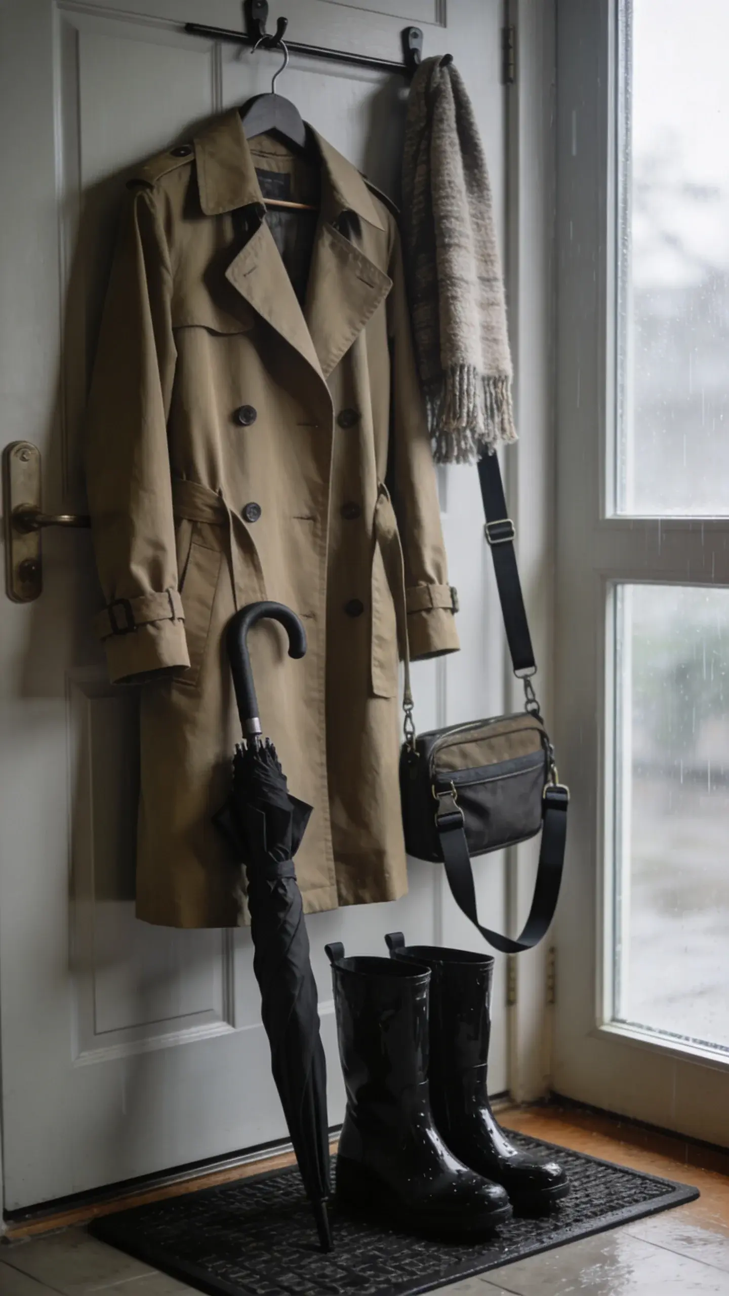 A rainy-day commute setup by the door: classic khaki trench on a hanger, black water-resistant ankle boots on a mat, a neatly folded black umbrella, crossbody bag with hands-free strap; a lightweight wool scarf draped on a hook; soft, overcast window light, no text.