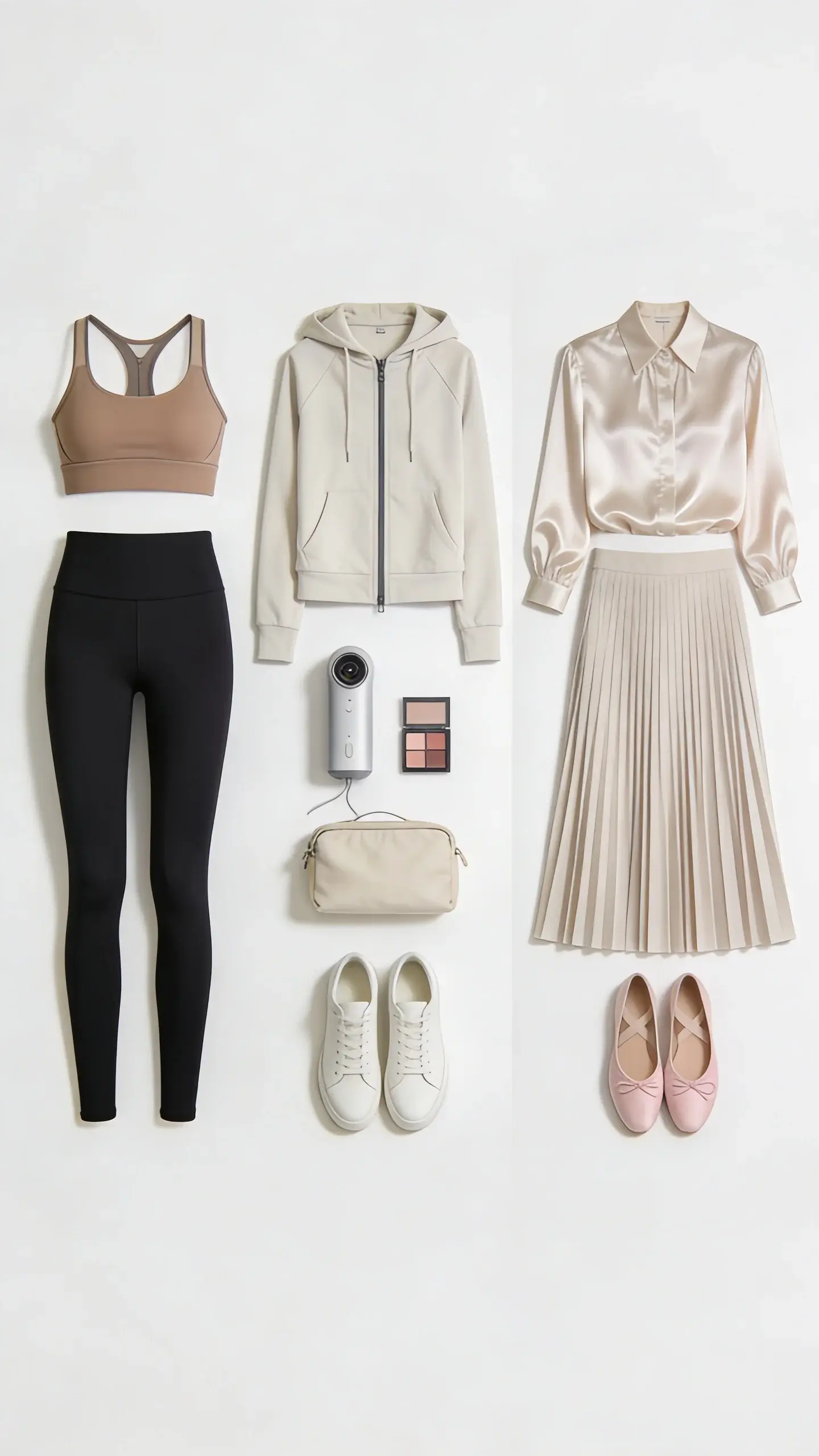 A gym‑to‑office transition flat lay: black high-waisted leggings, supportive sports bra, lightweight zip hoodie, white minimalist sneakers; next to it, a silk blouse, pleated midi skirt, and ballet flats; a small makeup pouch and travel steamer placed between as transition tools; clean background, no text.