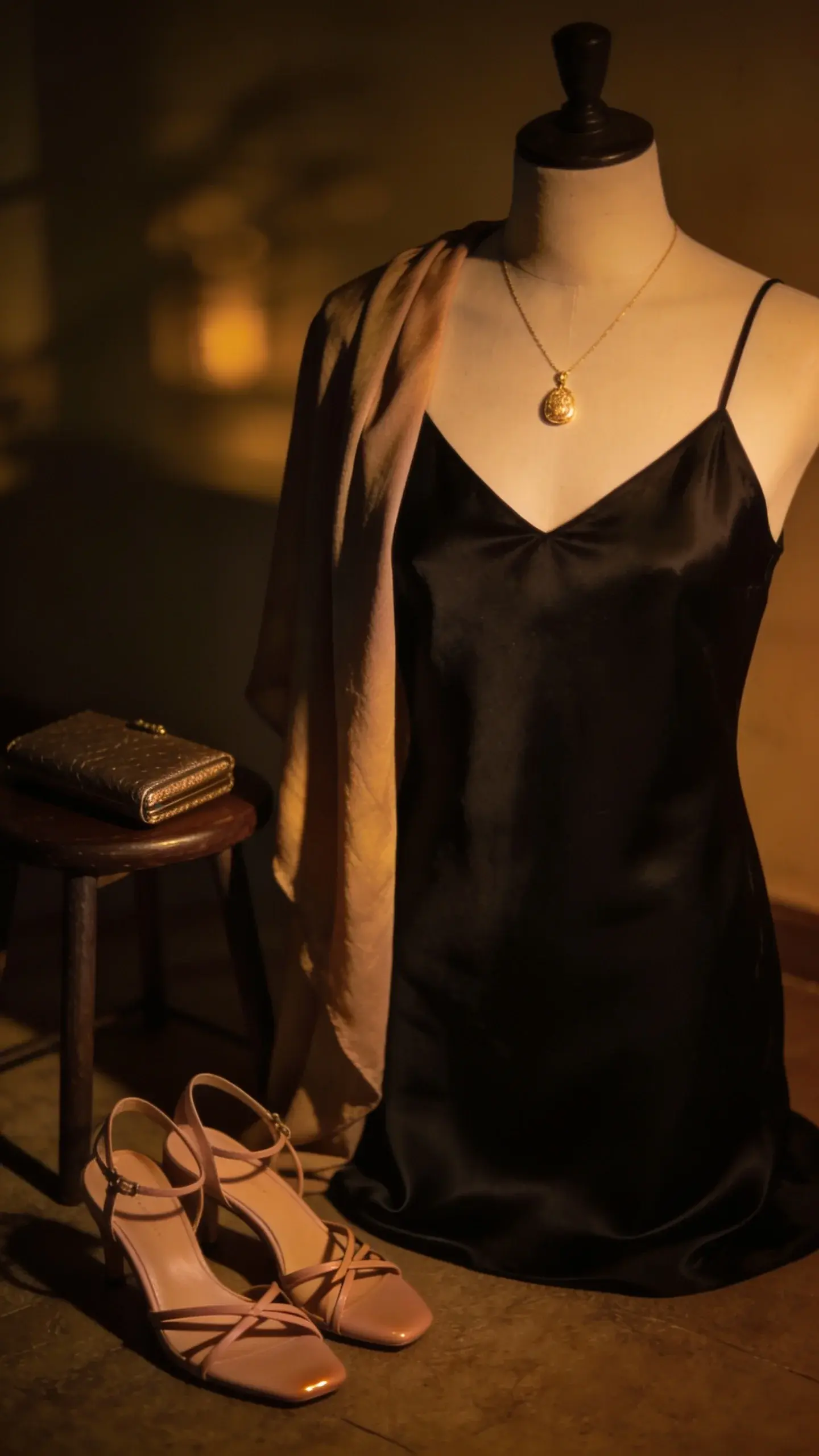 A date‑night ensemble on a dress form: sleek black slip dress, fine gold pendant necklace, strappy nude heels on the floor, a compact clutch on a stool; a draped shawl on the dress form’s shoulder for layering; dim, moody evening lighting, no text.