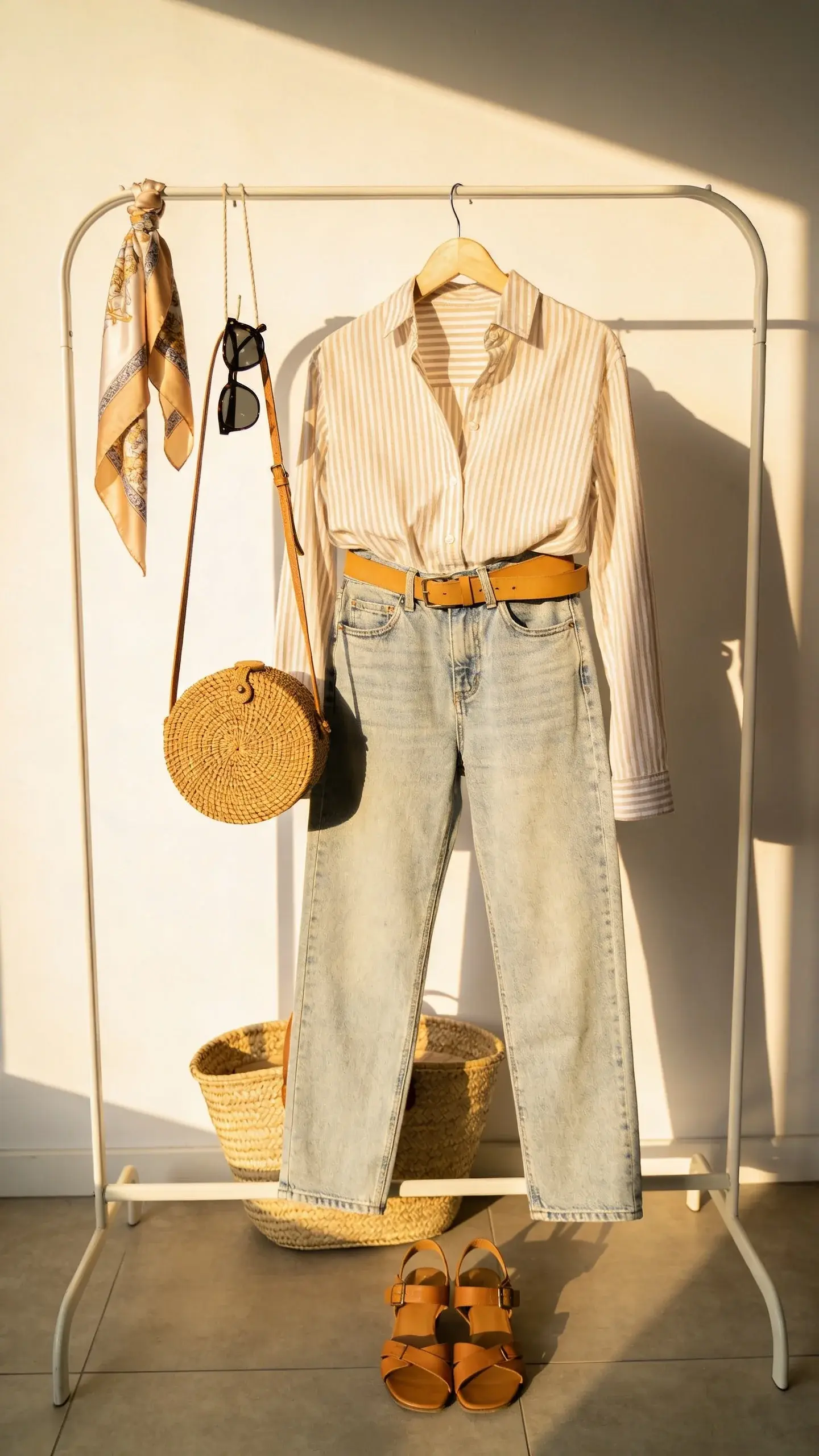 A weekend brunch look on a hanger against a white wall: soft striped button-down shirt tucked into high-rise light-wash jeans, tan leather belt, woven crossbody bag beneath, tan leather sandals on the floor; sunglasses and a silk hair scarf hanging from the hanger; sunny vibe, no text.