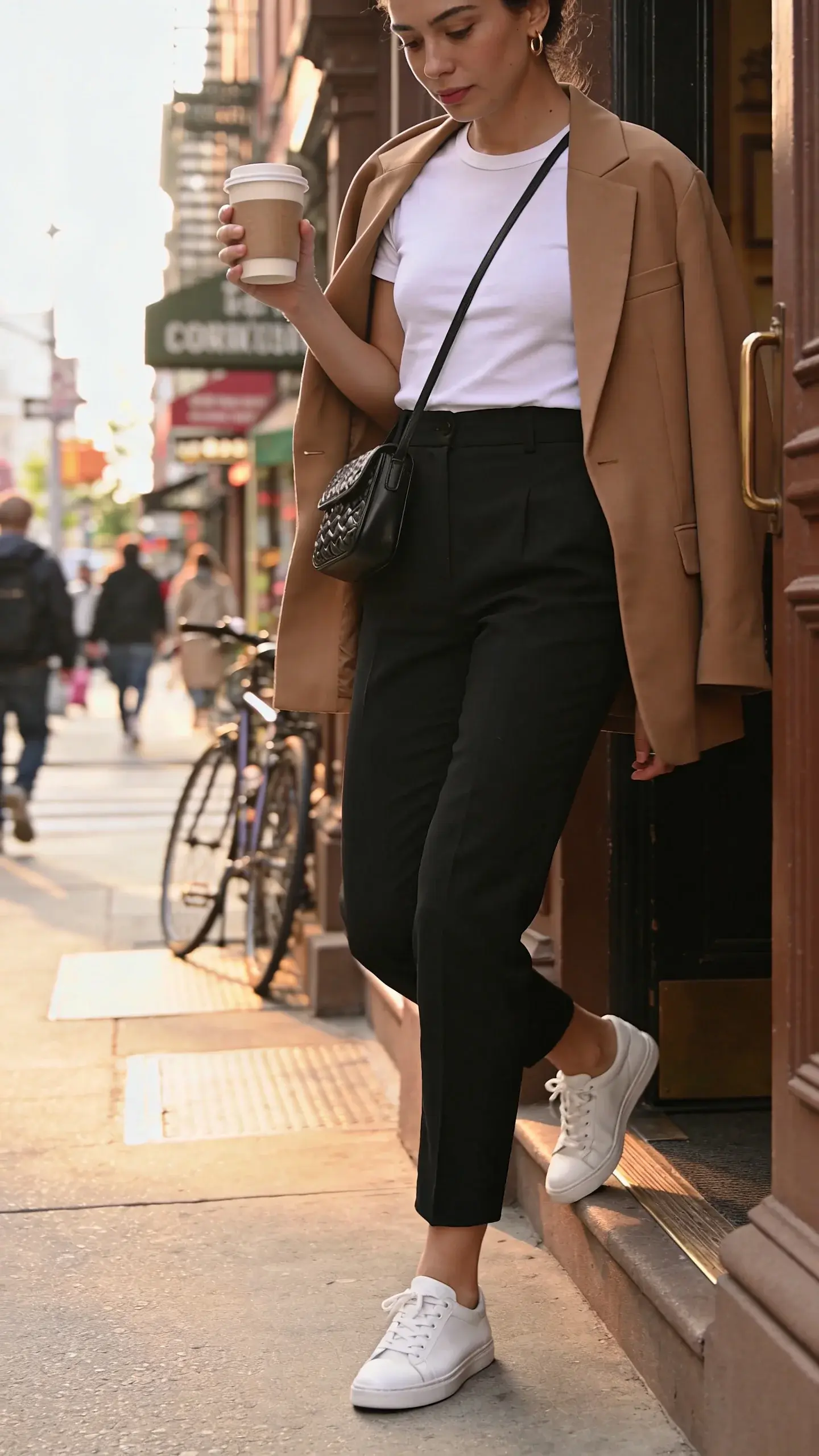 A busy urban morning scene: a woman in her late 20s steps out of a brownstone holding a coffee, wearing a white fitted crewneck tee tucked into high-waisted black tailored ankle trousers, a camel oversized blazer draped over her shoulders, clean white leather sneakers, small gold hoop earrings, and a black structured crossbody; soft natural light, no text.