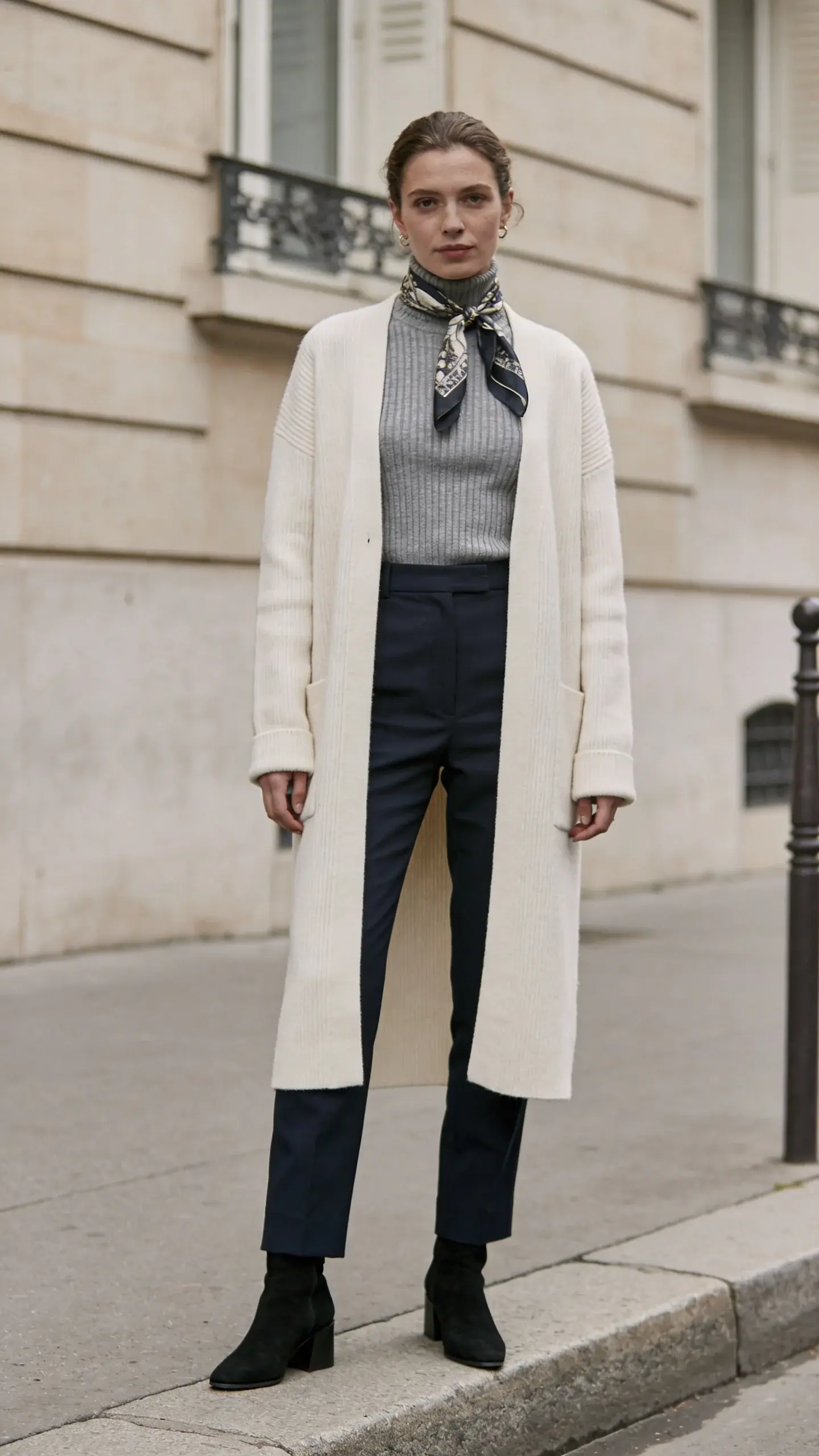 Street style curb shot: a woman wearing a heather gray ribbed turtleneck tucked into navy straight-leg trousers, a cream longline cardigan, black ankle boots with a low block heel, and a silk scarf tied around her neck as the signature piece; overcast daylight, clean composition, no text.