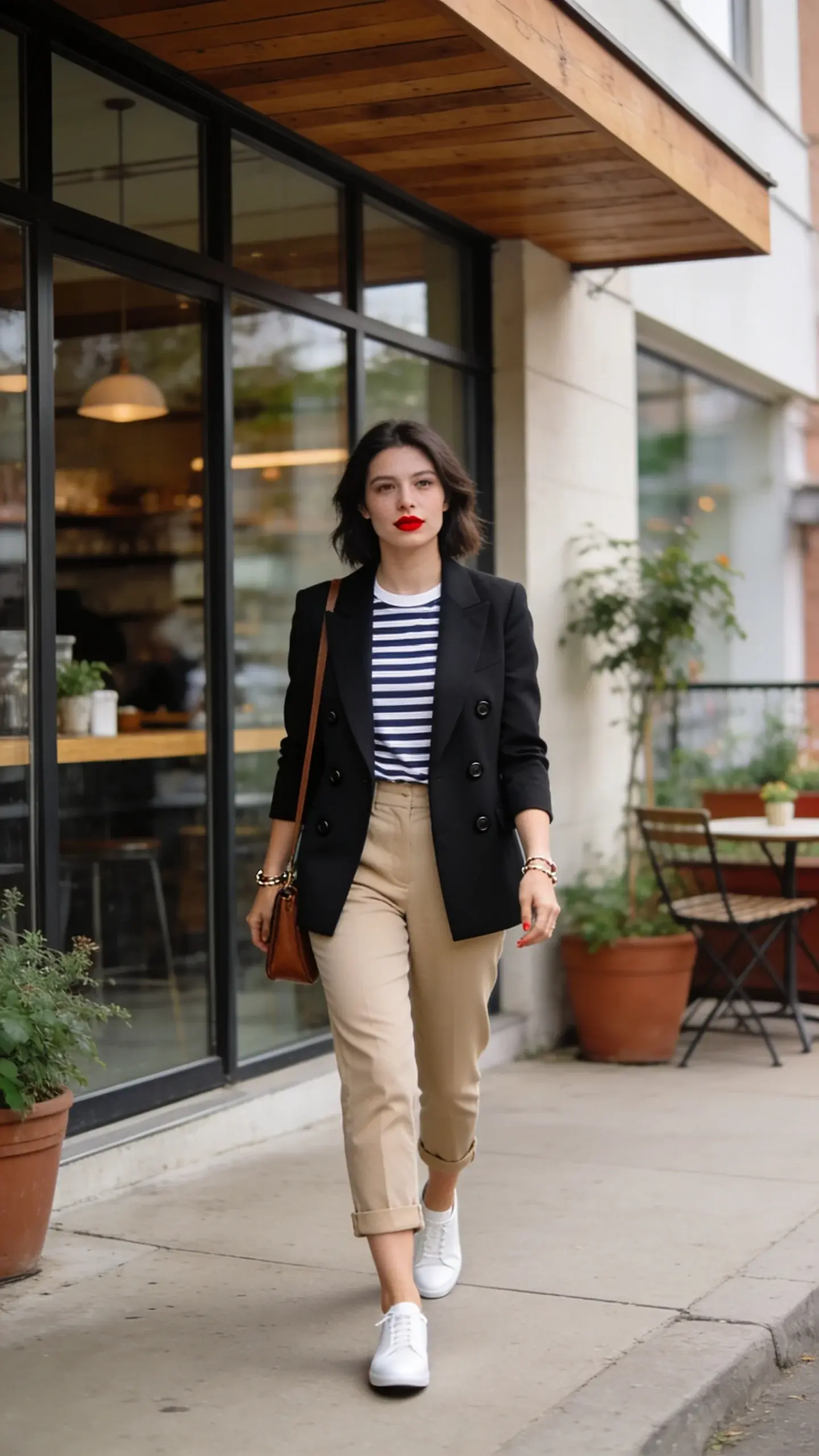 Cafe exterior scene: a woman walking with purpose wearing a striped Breton tee (navy/white) tucked into cropped beige chinos, a black double-breasted blazer, white sleek court sneakers, and bold red lipstick as the statement; simple leather satchel, minimal jewelry, no text.