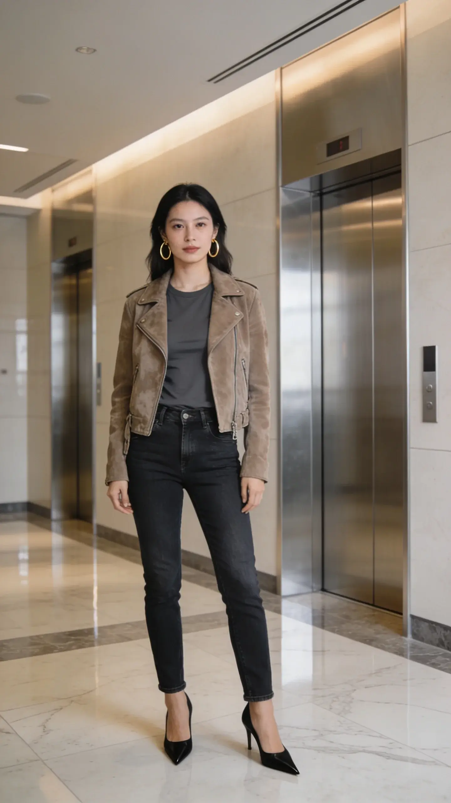 Elevator lobby: a woman in a charcoal fitted tee paired with dark denim straight jeans (no rips), a taupe suede moto jacket, pointed black low heels, and large gold hoop earrings as the standout accessory; polished, contemporary setting, no text.