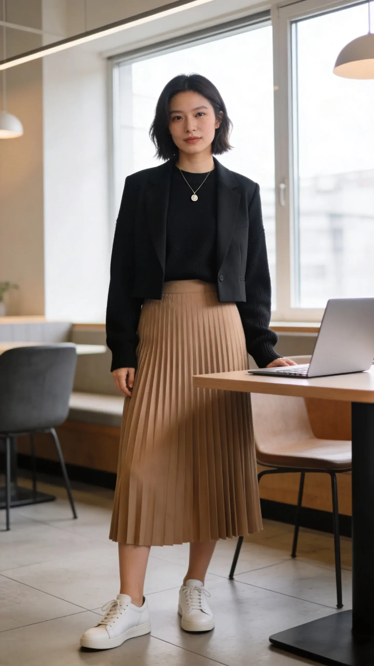 Co-working space interior: a woman in a black crewneck sweater paired with pleated camel midi skirt, a cropped black blazer, white leather sneakers with minimal design, and a single delicate pendant necklace as her signature; laptop on a table nearby, soft window light, no text.