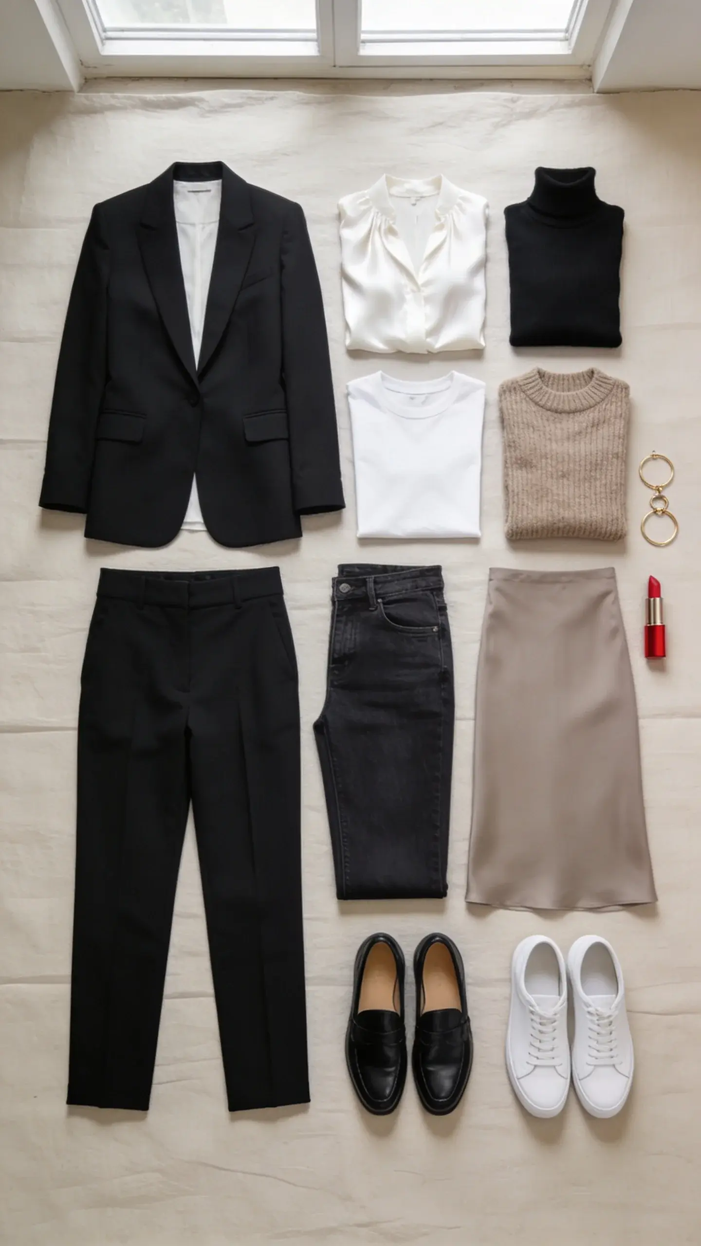 A minimalist flat lay on a neutral beige linen background: a cohesive 10-piece capsule wardrobe in cool neutrals (black, white, charcoal, taupe). Include a tailored black blazer, white silk blouse, black turtleneck, taupe knit sweater, crisp white tee, high-waisted black trousers, dark straight-leg jeans, taupe midi slip skirt, black leather loafers, white low-profile sneakers. Add subtle gold hoop earrings and a red lipstick tube off to the side. Soft natural window light, no text.