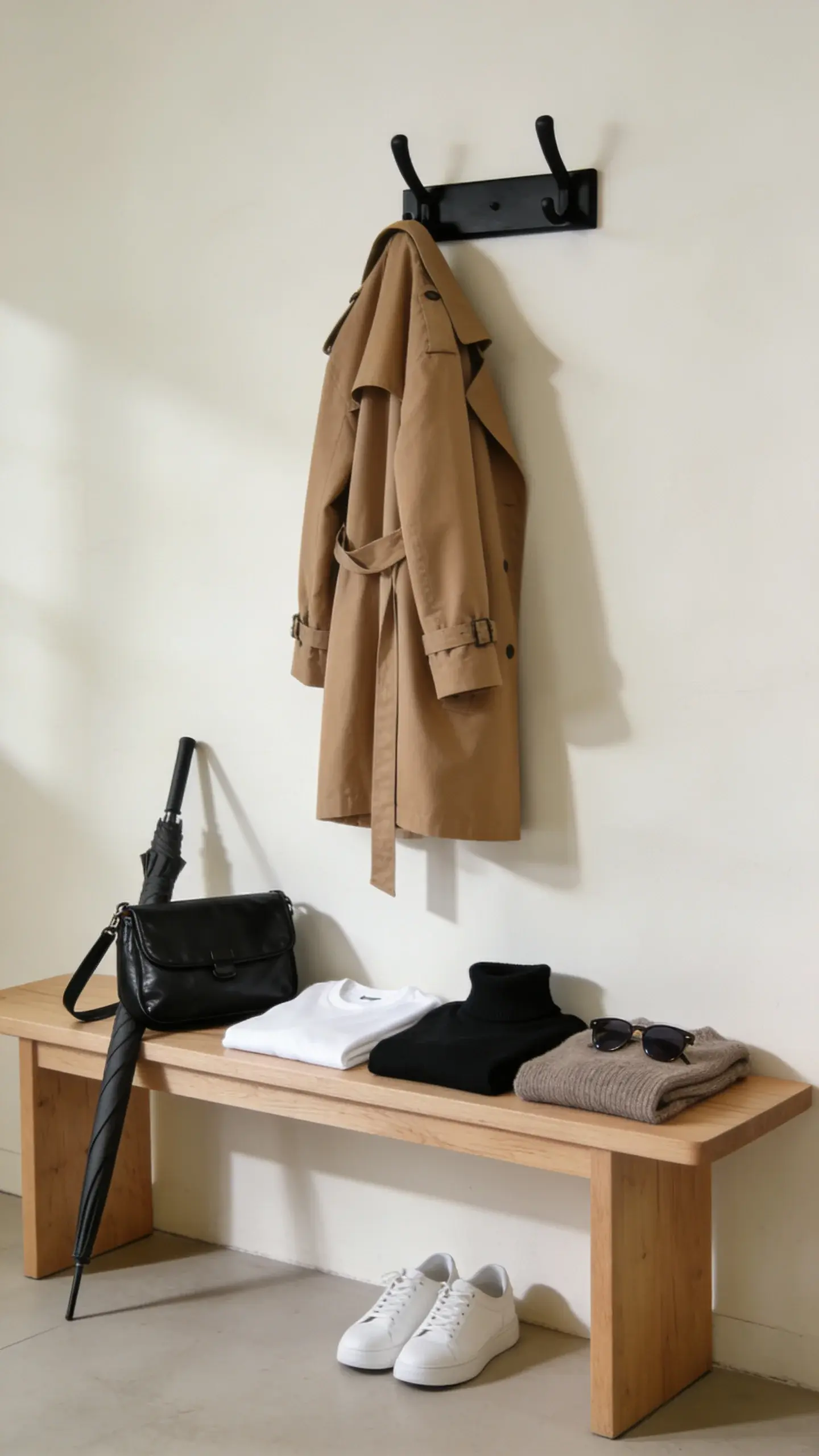 A chic entryway scene with a muted cream wall and light oak bench: a camel trench coat draped on a matte black hook, black leather crossbody bag on the bench, white sneakers neatly below. On the bench, folded: white tee, black turtleneck, taupe sweater. A slim umbrella and sunglasses complete the vignette. Clean, airy, Scandinavian aesthetic, soft shadows.