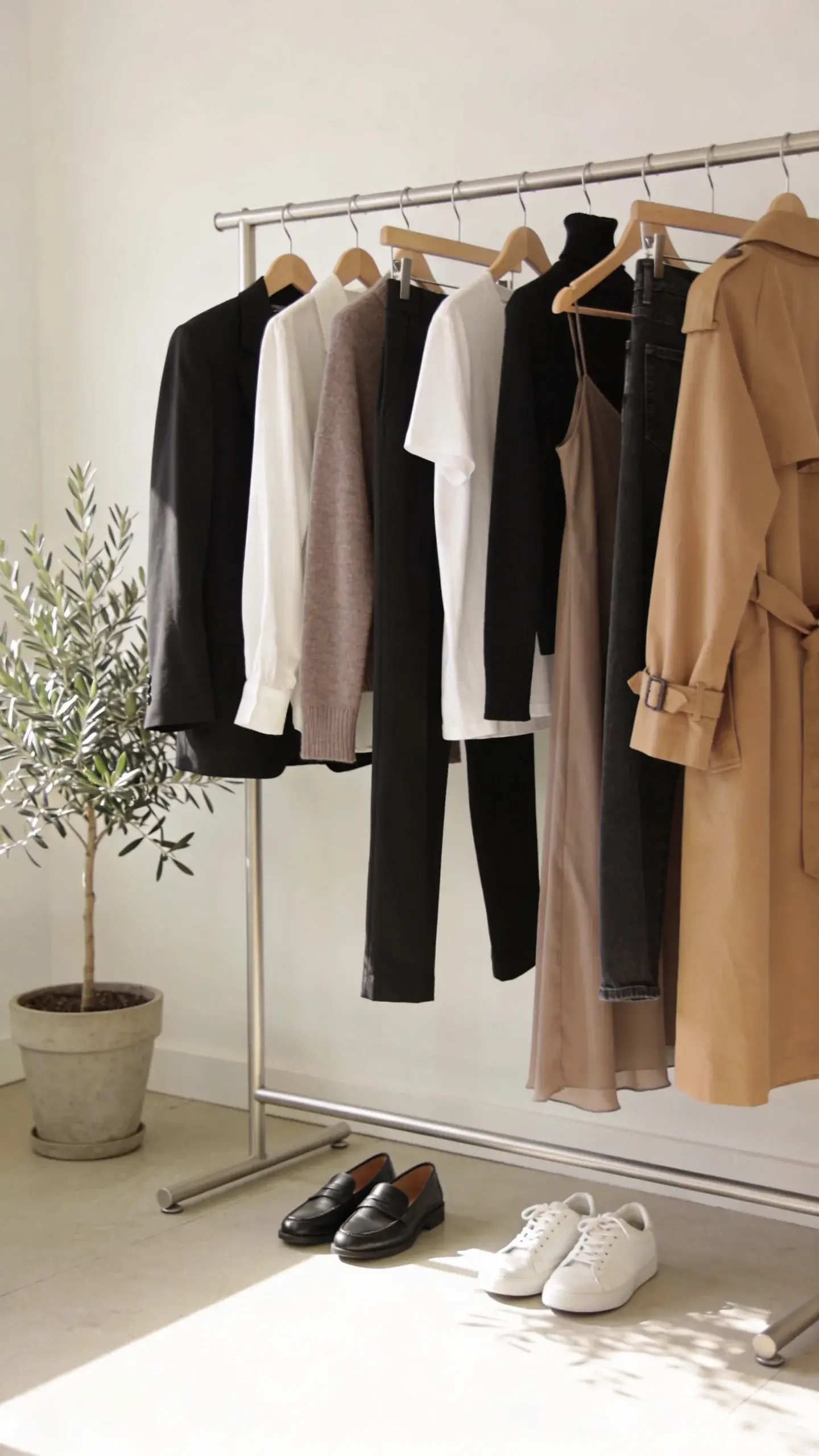 A standing wardrobe rack in a bright, uncluttered room: garments spaced evenly by color story (black, white, taupe, charcoal). From left to right: black blazer, white blouse, taupe sweater, black trousers, white tee, black turtleneck, taupe slip skirt, dark jeans, camel trench. Black loafers and white sneakers on the floor beneath. A small potted olive tree to the side. Natural daylight.
