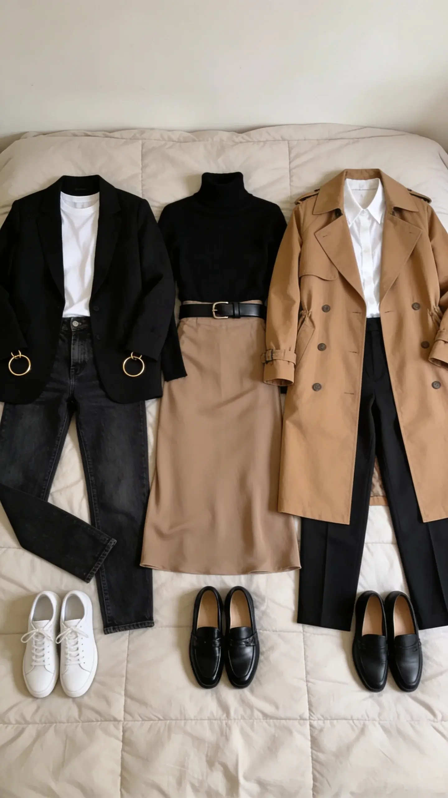 A before-and-after outfit combination grid feel, but as a single scene on a bed: three fully styled outfits laid out. Outfit 1: black blazer, white tee, dark jeans, white sneakers, gold hoops. Outfit 2: taupe slip skirt, black turtleneck, black loafers, slim black belt. Outfit 3: camel trench over white blouse and black trousers, black loafers. Neutral duvet, overhead shot, cohesive tones.